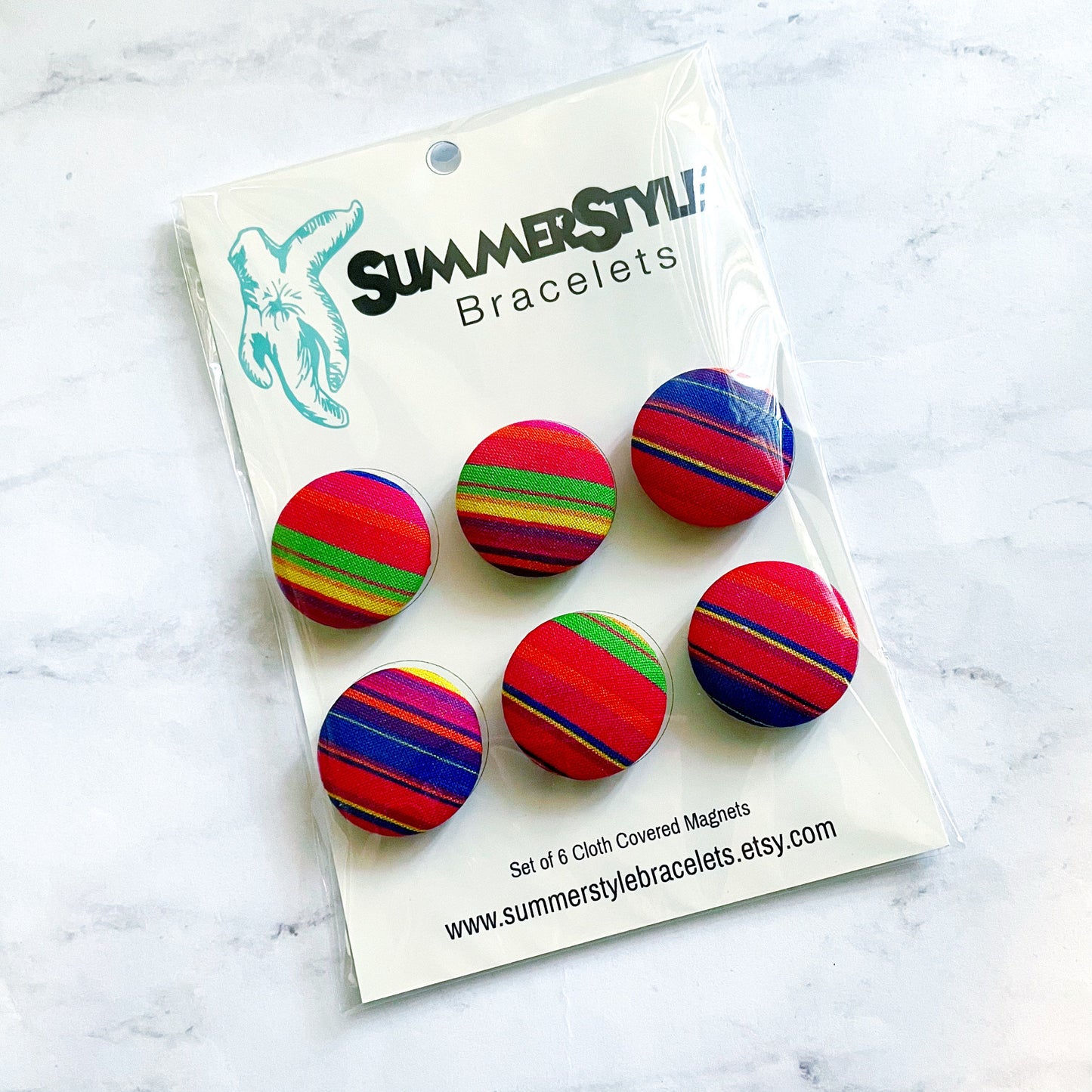 Set of 6 Rainbow Stripe Magnets, Cloth Button Magnet, Office Decor, Refrigerator Magnets, SummerStyle Bracelets