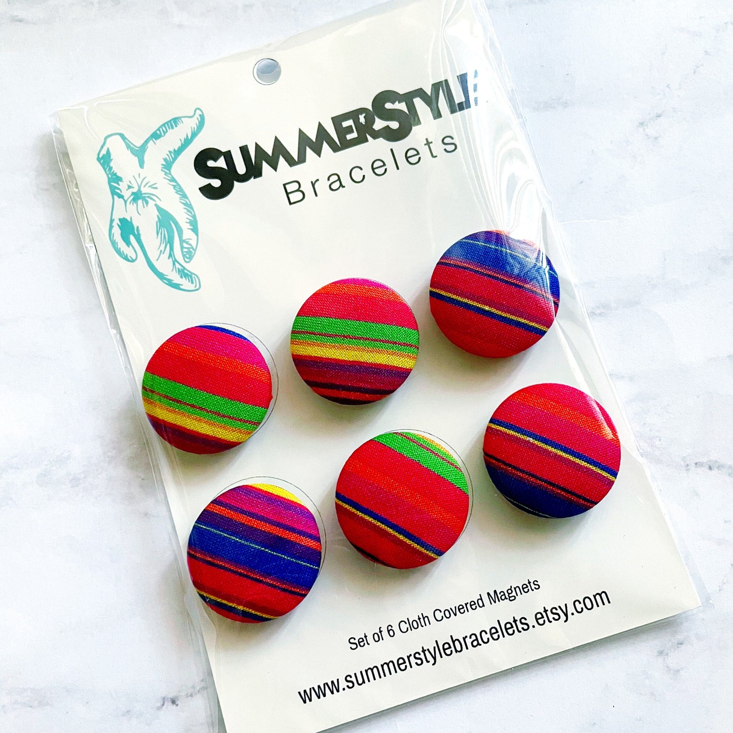 Set of 6 Rainbow Stripe Magnets, Cloth Button Magnet, Office Decor, Refrigerator Magnets, SummerStyle Bracelets