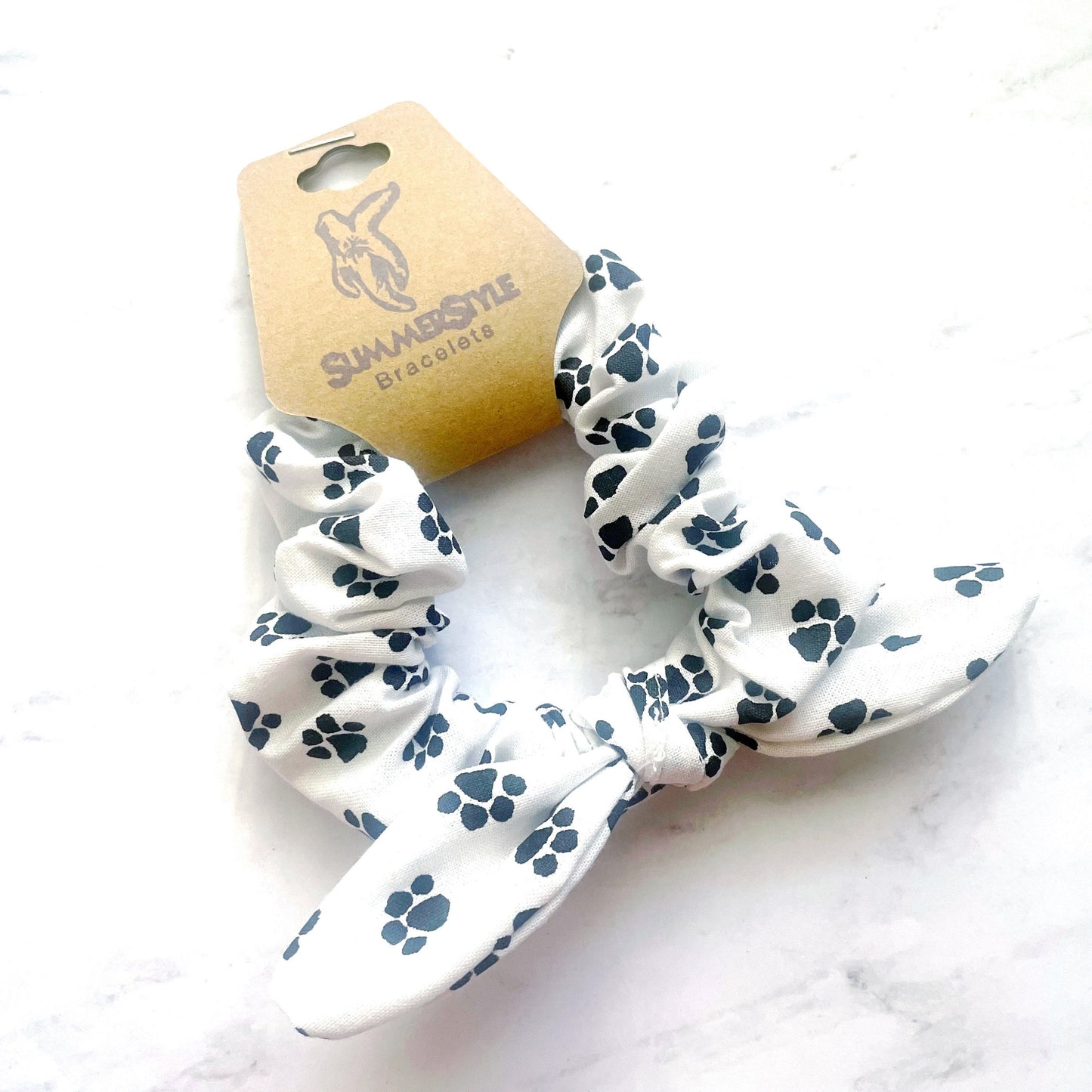 White Paw Print Scrunchie with Bow, Scrunched Bow Hair Tie, Dog Lover Gift, Hair Accessories, Bow Hair Tie, SummerStyle Bracelets