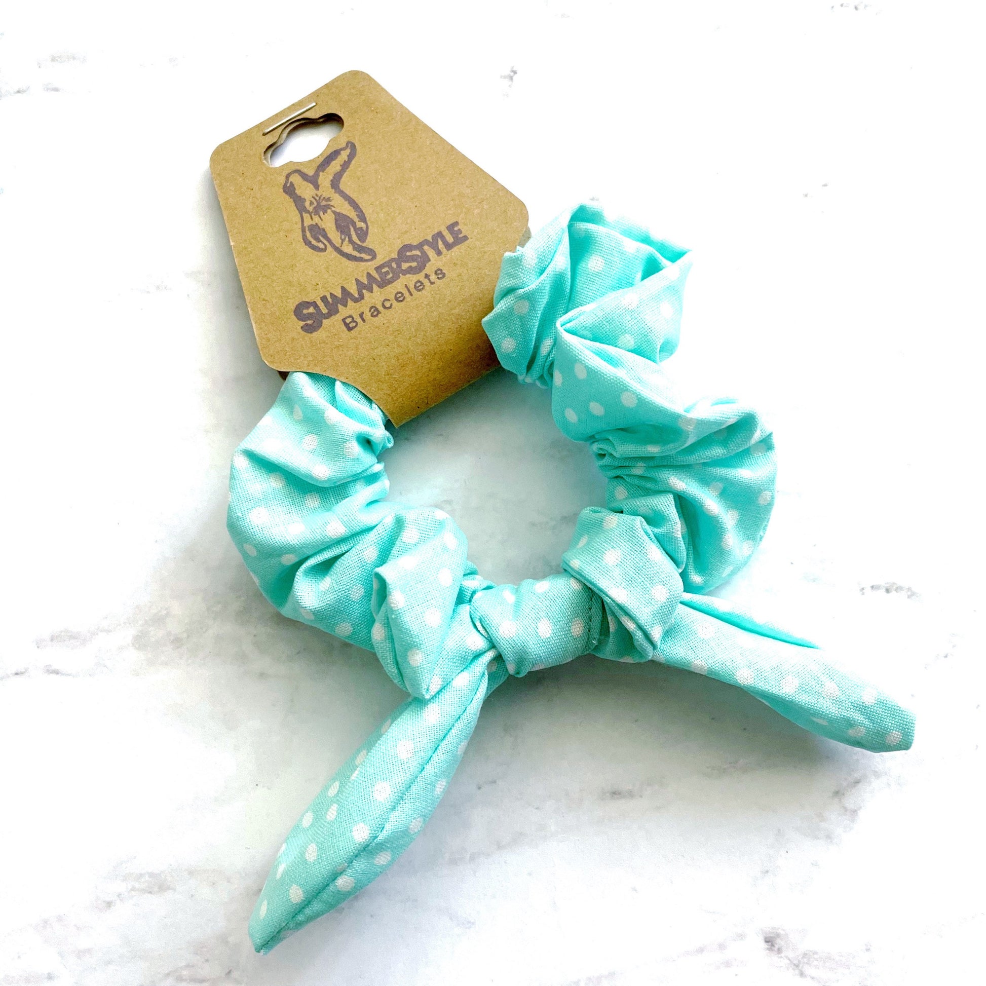 Aqua Polka Dot Scrunchie, Scrunched Bow Hair Tie, Hair Bow, Hair Accessories, Bow Hair Tie, SummerStyle Bracelets