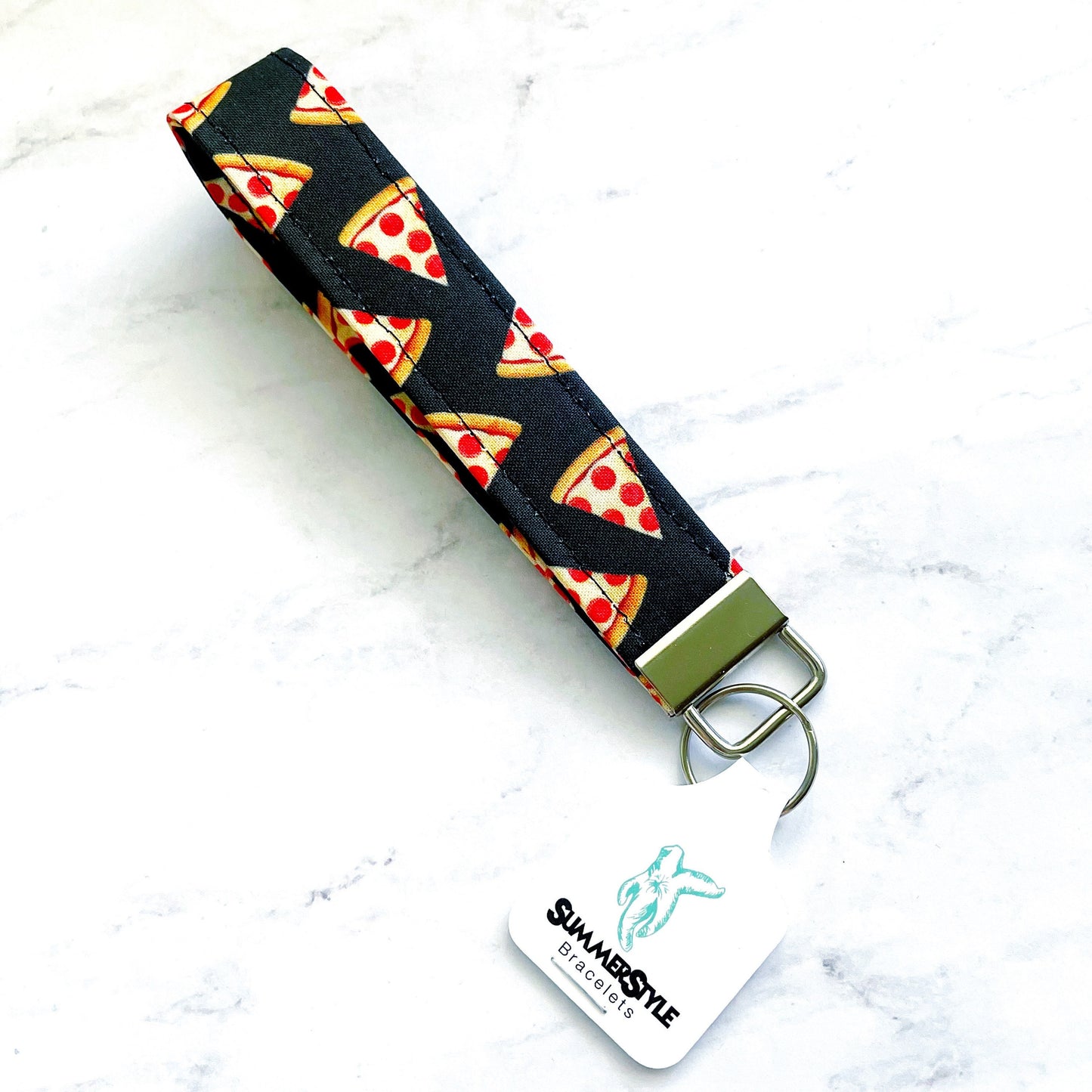 Black Pizza Key Fob Wristlet, 6.5in Wristlet Lanyard, Keychain Wristlet, Handmade Lanyard, SummerStyle Bracelets