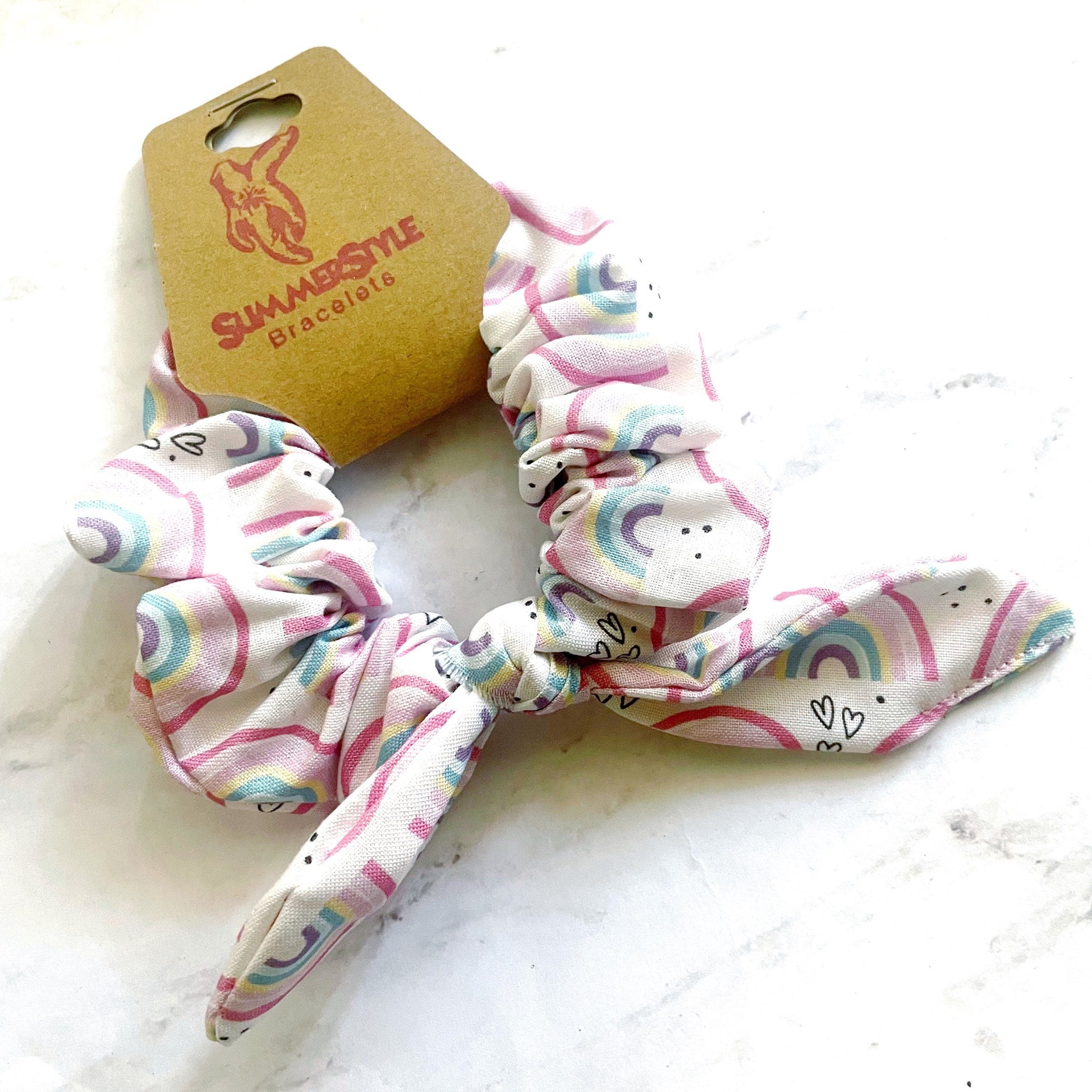 Pink Rainbow Scrunchie, Scrunched Bow Hair Tie, Hair Bow, Rainbow Gift, Hair Accessories, SummerStyle Bracelets