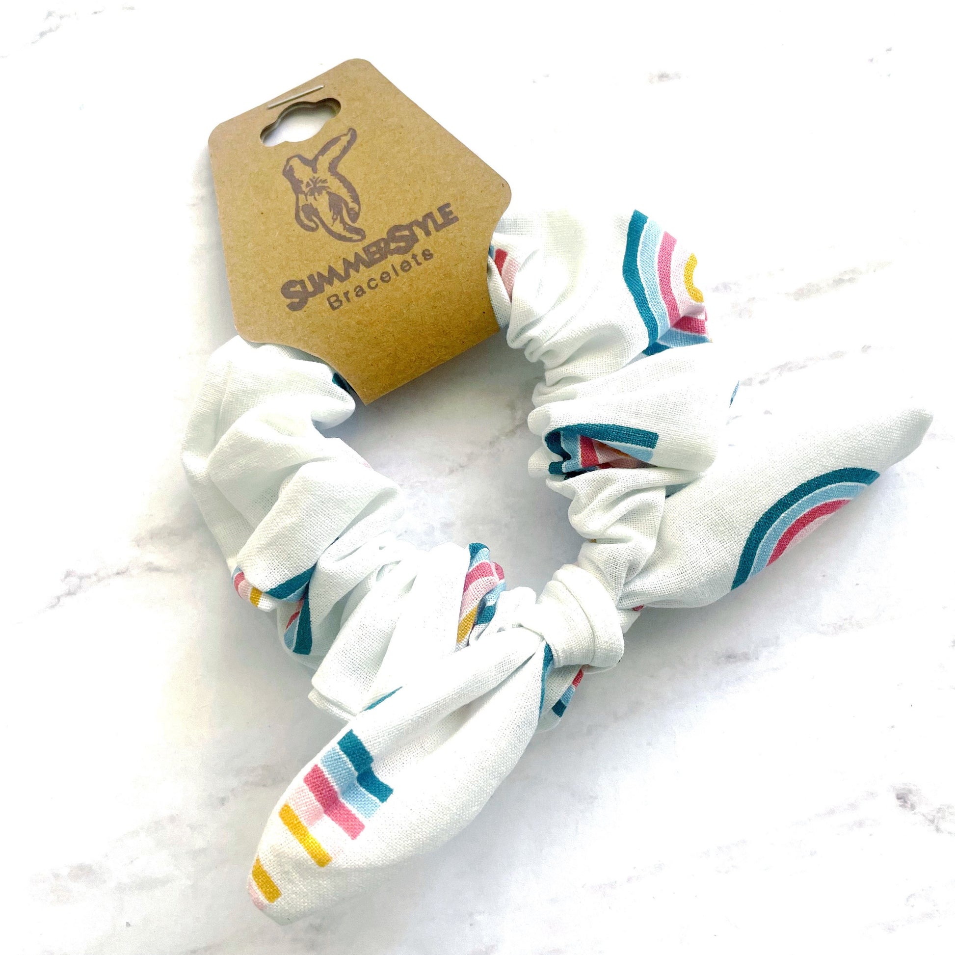 White Rainbow Scrunchie with Bow, Scrunched Bow Hair Tie, Rainbow Gift, Hair Accessories, Bow Hair Tie, SummerStyle Bracelets