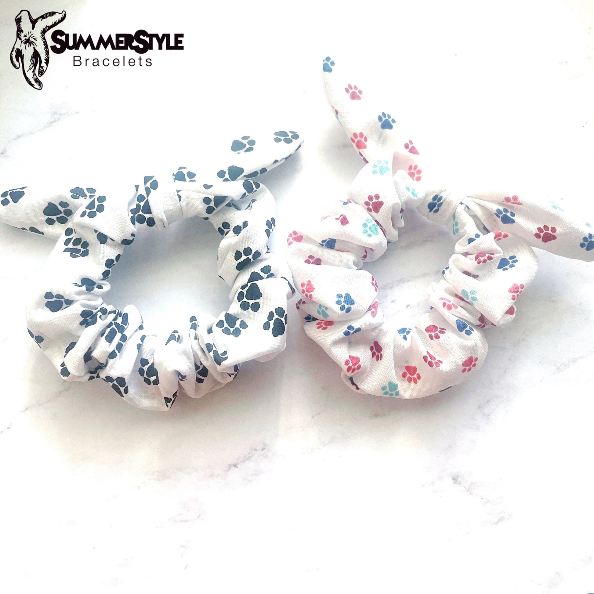 White Paw Print Scrunchie with Bow, Scrunched Bow Hair Tie, Dog Lover Gift, Hair Accessories, Bow Hair Tie, SummerStyle Bracelets