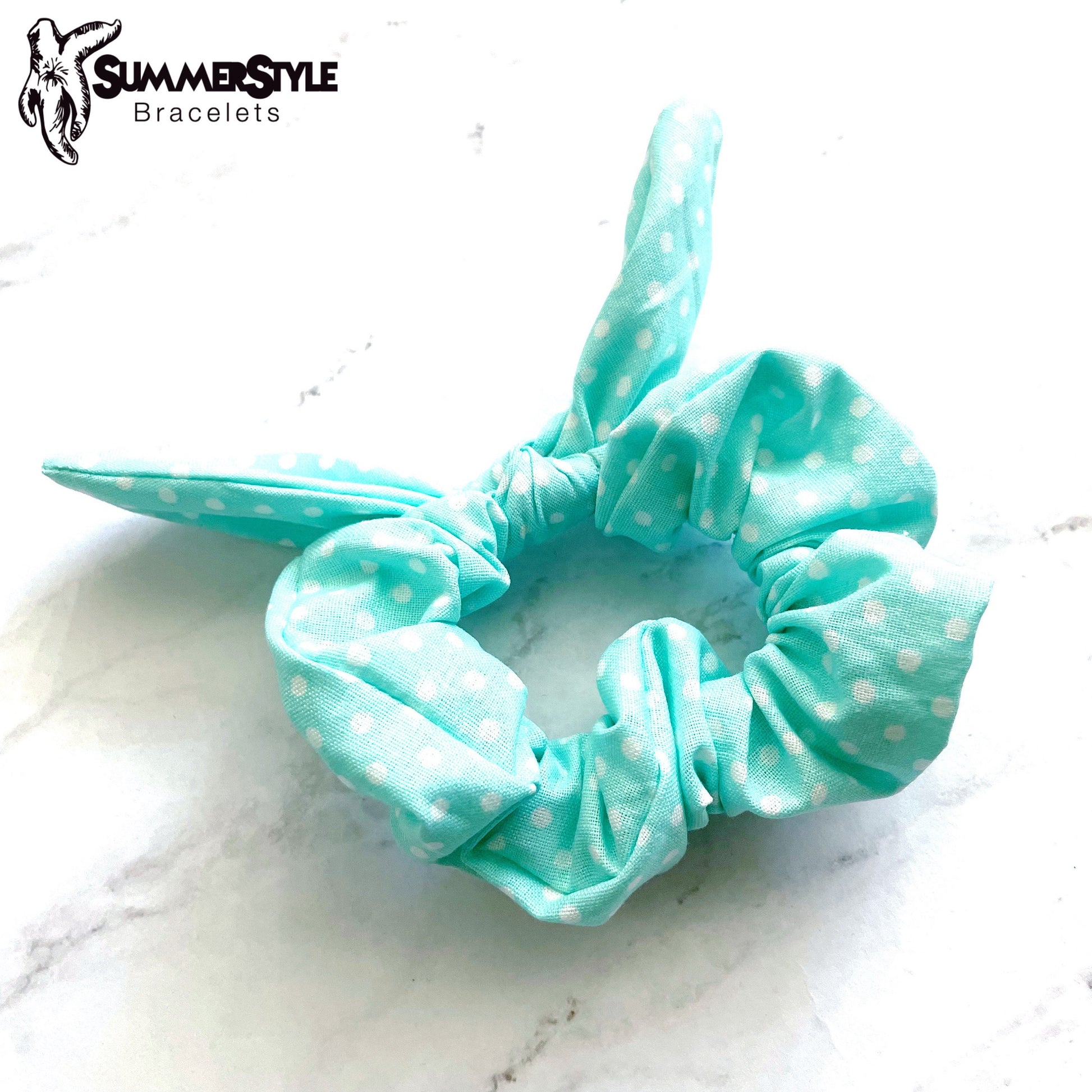 Aqua Polka Dot Scrunchie, Scrunched Bow Hair Tie, Hair Bow, Hair Accessories, Bow Hair Tie, SummerStyle Bracelets