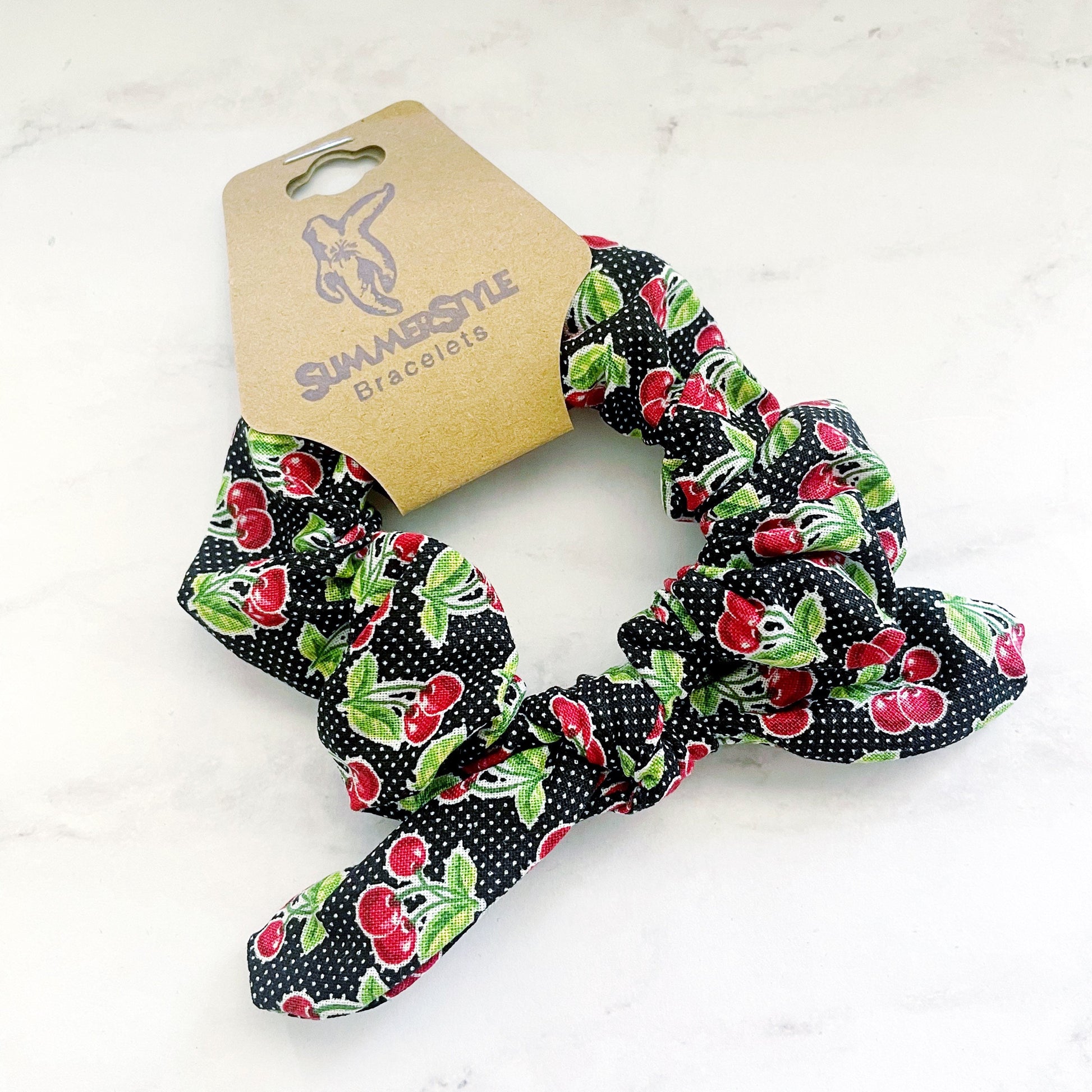 Retro Cherry Scrunchie, Scrunched Bow Hair Tie, Hair Bow, Cherry Gift, Hair Accessories, Bow Hair Tie, SummerStyle Bracelets