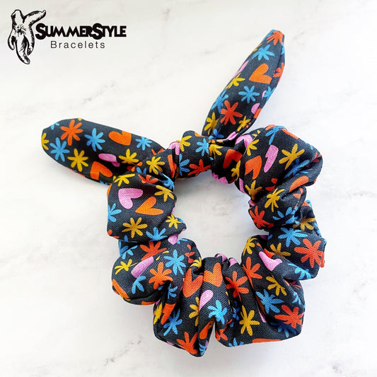 Black Hearts & Flowers Scrunchie, Scrunched Bow Hair Tie, Hair Bow, Hair Accessories, Bow Hair Tie, SummerStyle Bracelets