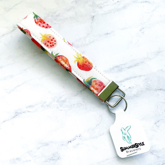 Sweet Strawberry Key Fob Wristlet, 6.5in Wristlet Lanyard, Keychain Wristlet, Handmade Lanyard, SummerStyle Bracelets
