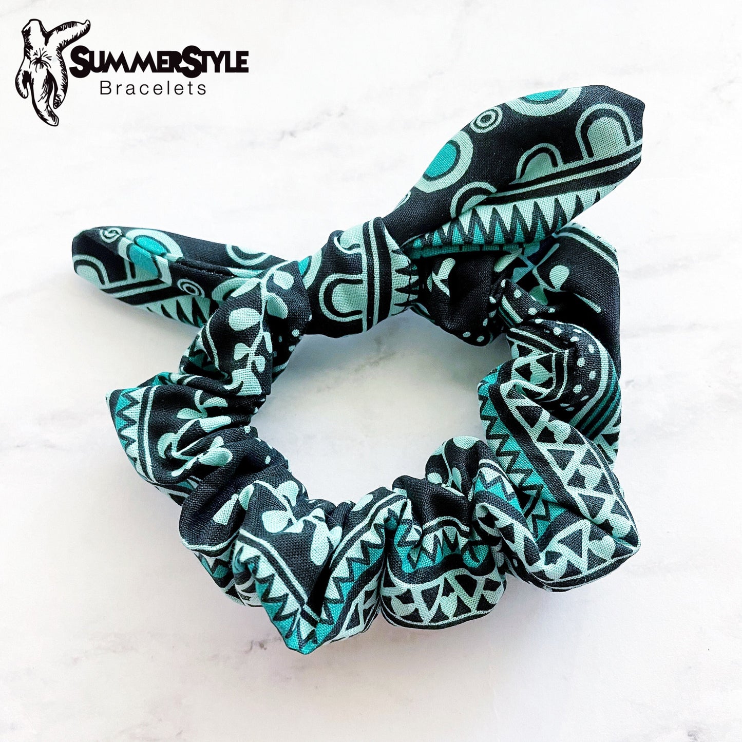 Black & Aqua Tribal Print Scrunchie, Scrunched Bow Hair Tie, Hair Bow, Hair Accessories, Bow Hair Tie, SummerStyle Bracelets