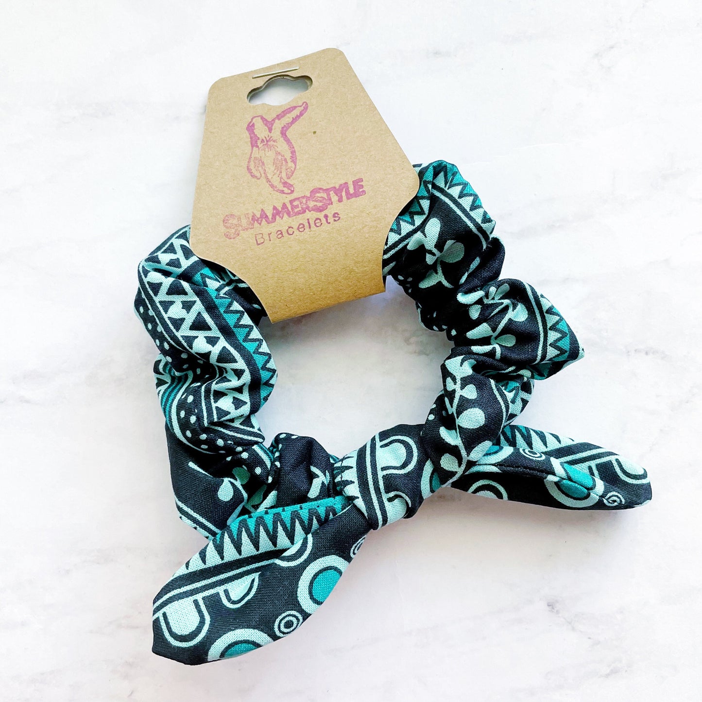 Black & Aqua Tribal Print Scrunchie, Scrunched Bow Hair Tie, Hair Bow, Hair Accessories, Bow Hair Tie, SummerStyle Bracelets