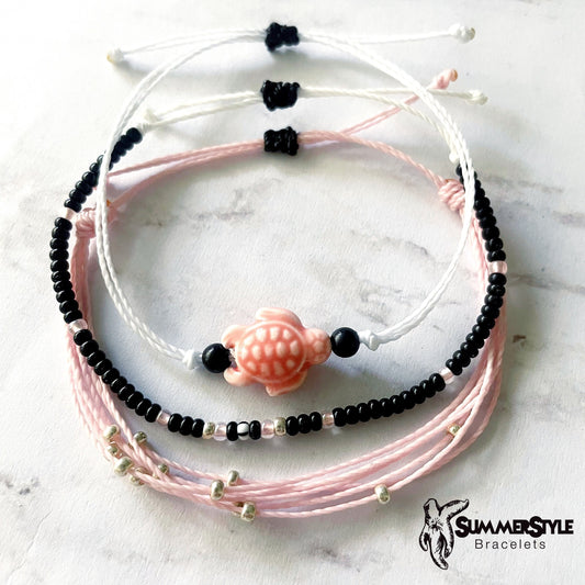 Pink Tropical Turtle Adjustable Waterproof Bracelet Pack, Turtle Bracelet, Turtle Jewelry, Seed Bead Bracelet, SummerStyle Bracelets