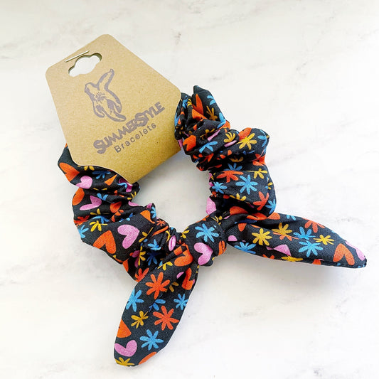 Black Hearts & Flowers Scrunchie, Scrunched Bow Hair Tie, Hair Bow, Hair Accessories, Bow Hair Tie, SummerStyle Bracelets