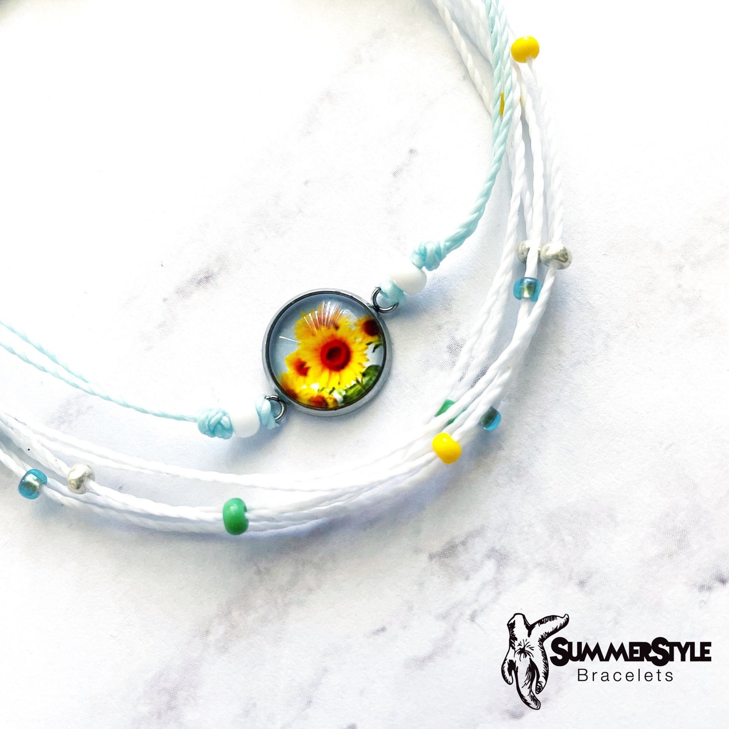 Sunflower Fields Adjustable Waterproof Bracelet Pack, Sunflower Gift, Sunflower Bracelet, Wax Cord Bracelet, SummerStyle Bracelets