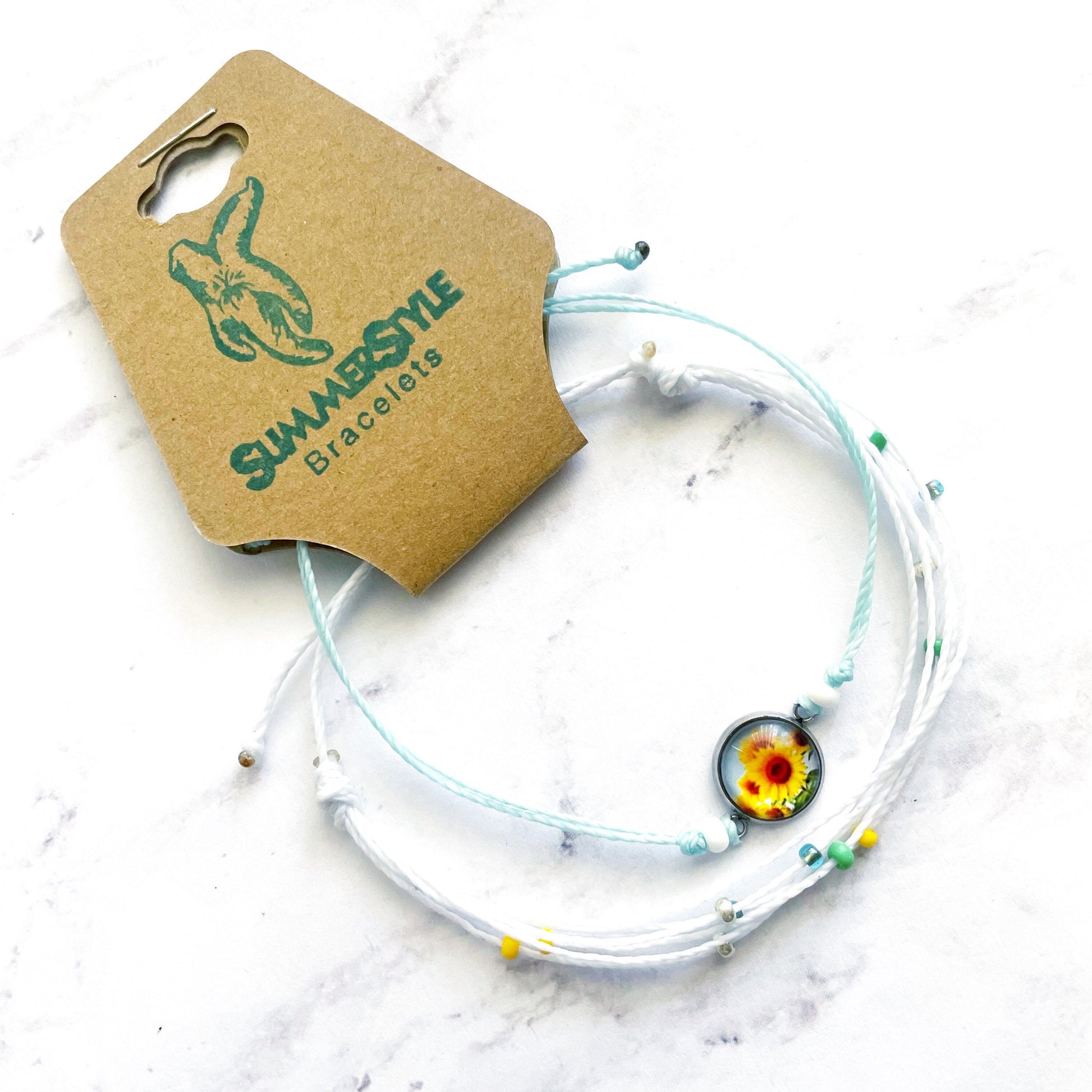 Sunflower Fields Adjustable Waterproof Bracelet Pack, Sunflower Gift, Sunflower Bracelet, Wax Cord Bracelet, SummerStyle Bracelets