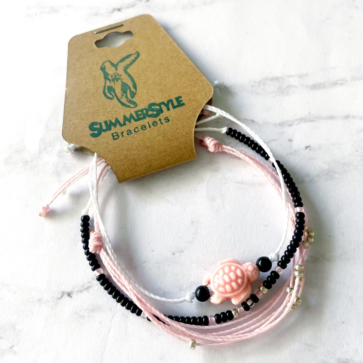 Pink Tropical Turtle Adjustable Waterproof Bracelet Pack, Turtle Bracelet, Turtle Jewelry, Seed Bead Bracelet, SummerStyle Bracelets