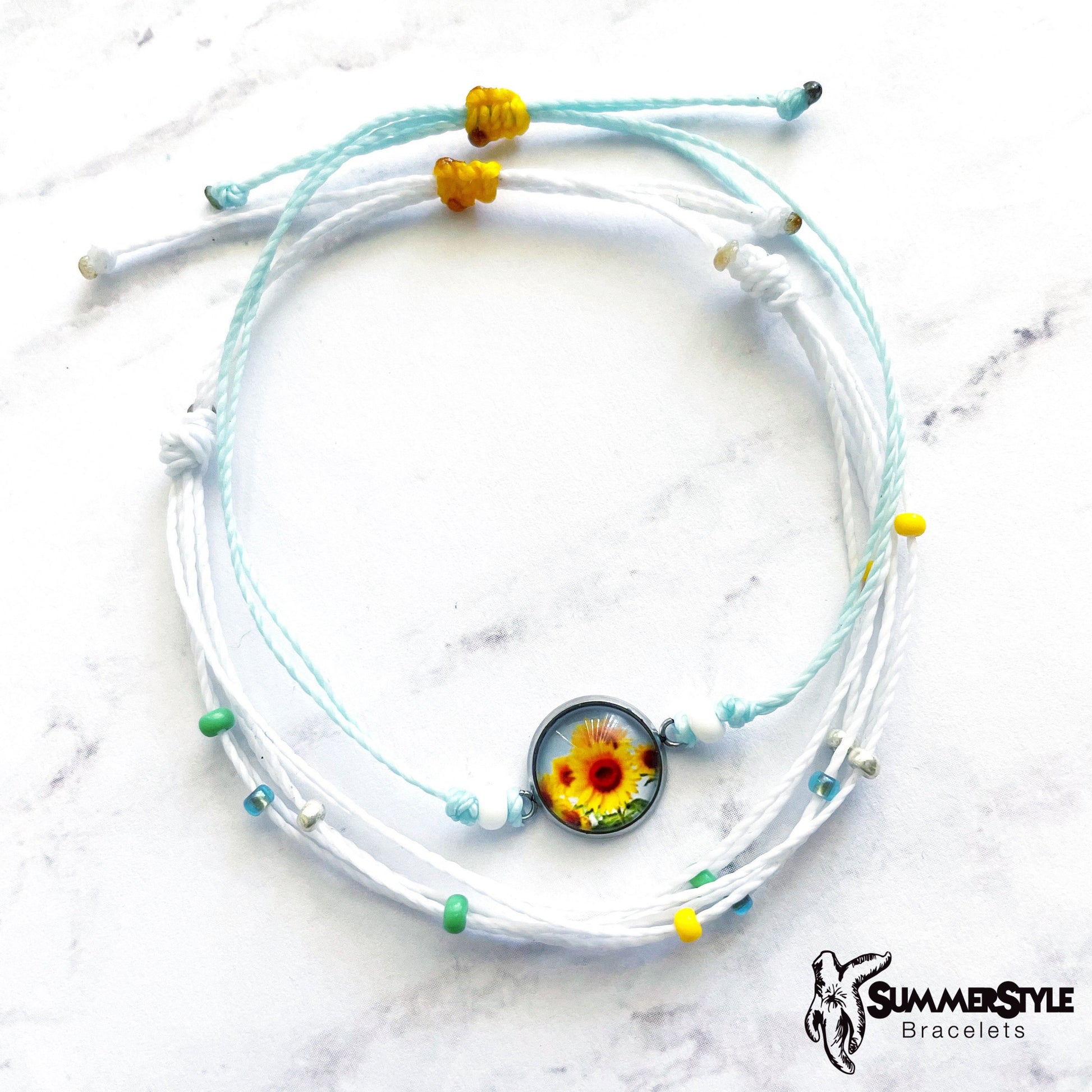 Sunflower Fields Adjustable Waterproof Bracelet Pack, Sunflower Gift, Sunflower Bracelet, Wax Cord Bracelet, SummerStyle Bracelets