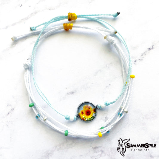 Sunflower Fields Adjustable Waterproof Bracelet Pack, Sunflower Gift, Sunflower Bracelet, Wax Cord Bracelet, SummerStyle Bracelets