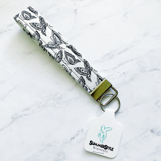 Black & White Butterfly Key Fob Wristlet, 6.5in Wristlet Lanyard, Keychain Wristlet, Handmade Lanyard, SummerStyle Bracelets