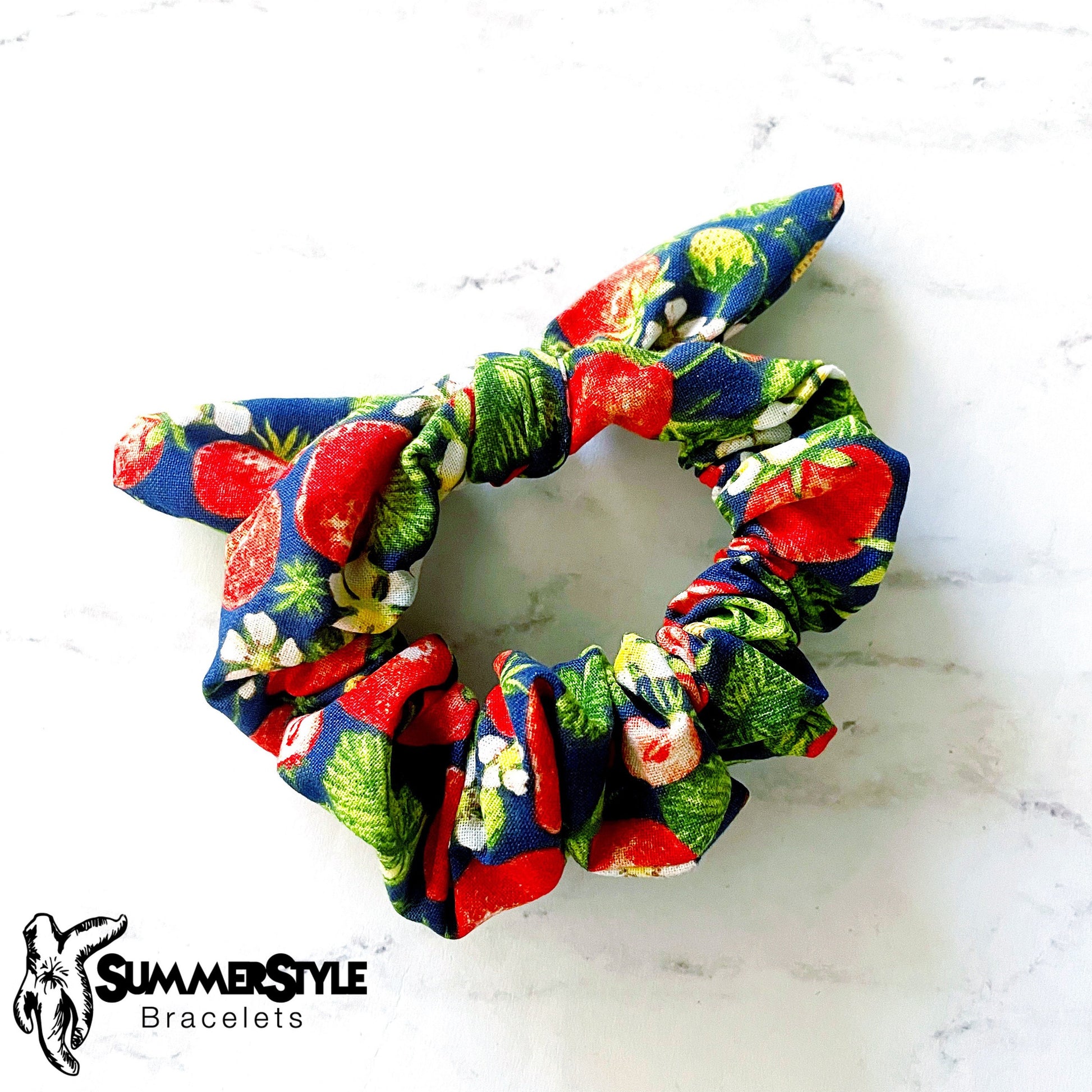 Vintage Navy Strawberry Scrunchie, Scrunched Bow Hair Tie, Hair Bow, Strawberry Gift, Hair Accessories, Bow Hair Tie, SummerStyle Bracelets