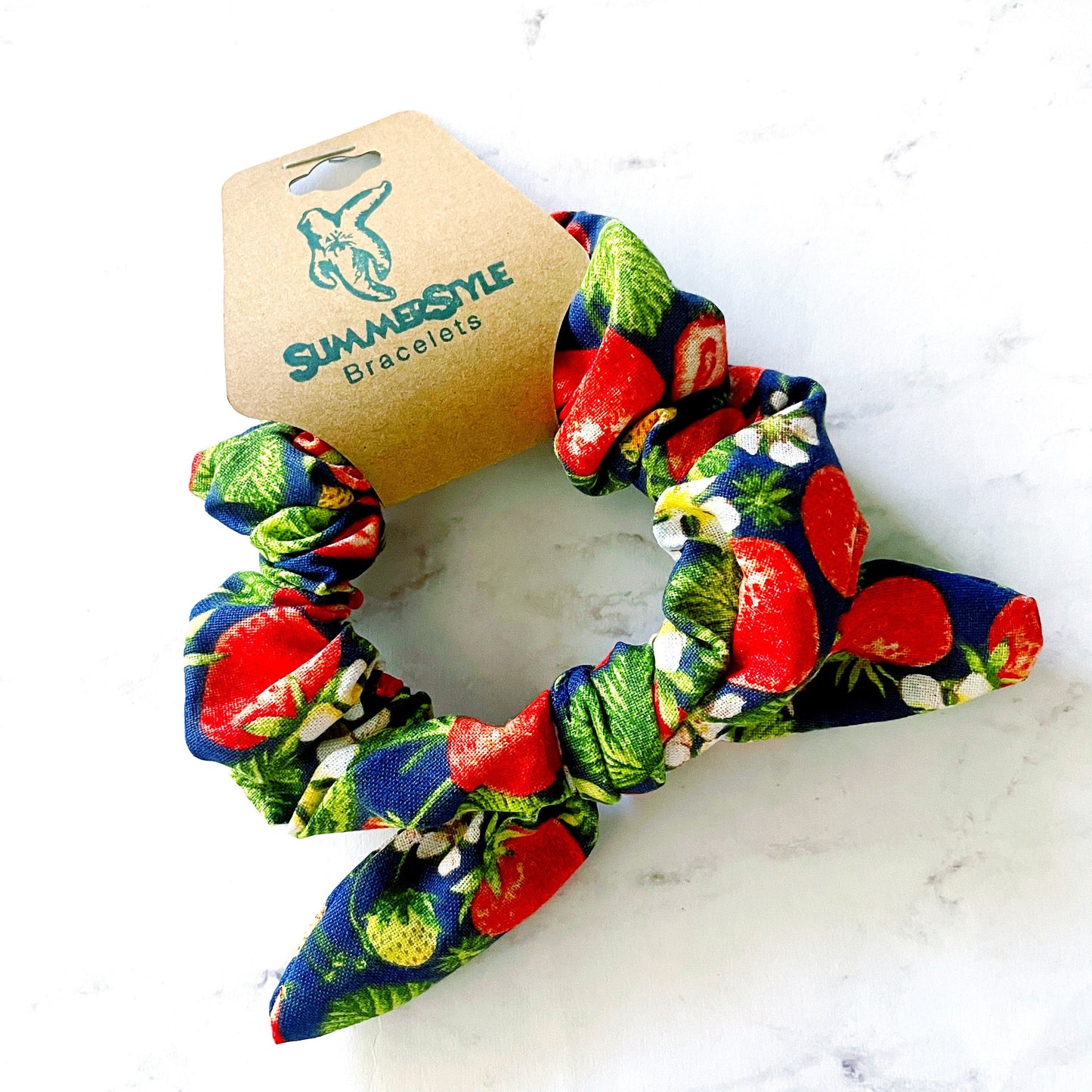 Vintage Navy Strawberry Scrunchie, Scrunched Bow Hair Tie, Hair Bow, Strawberry Gift, Hair Accessories, Bow Hair Tie, SummerStyle Bracelets