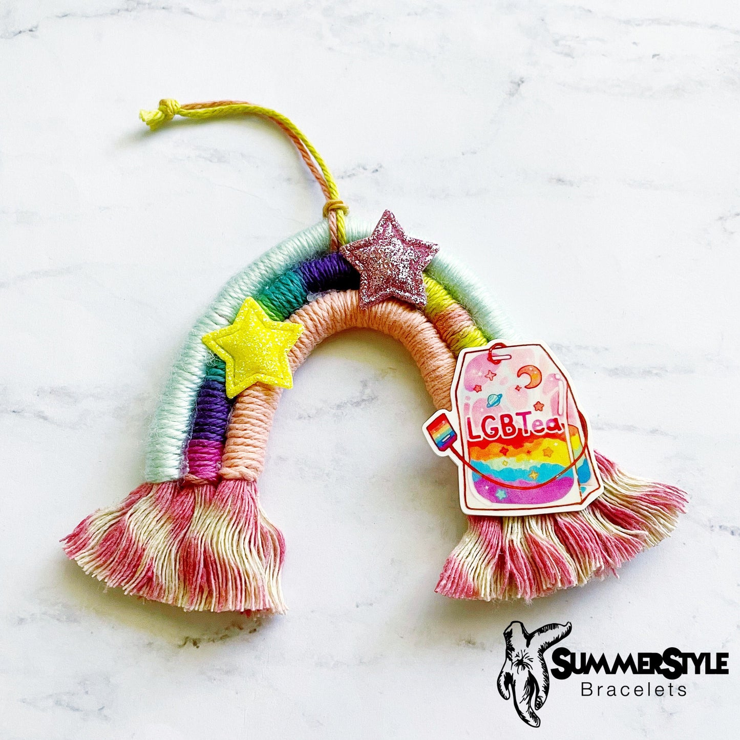 LGBTea Rainbow Macrame Car Charm, Tie Dye Macrame, Boho Accessories, Macrame Rainbow, SummerStyle Bracelets