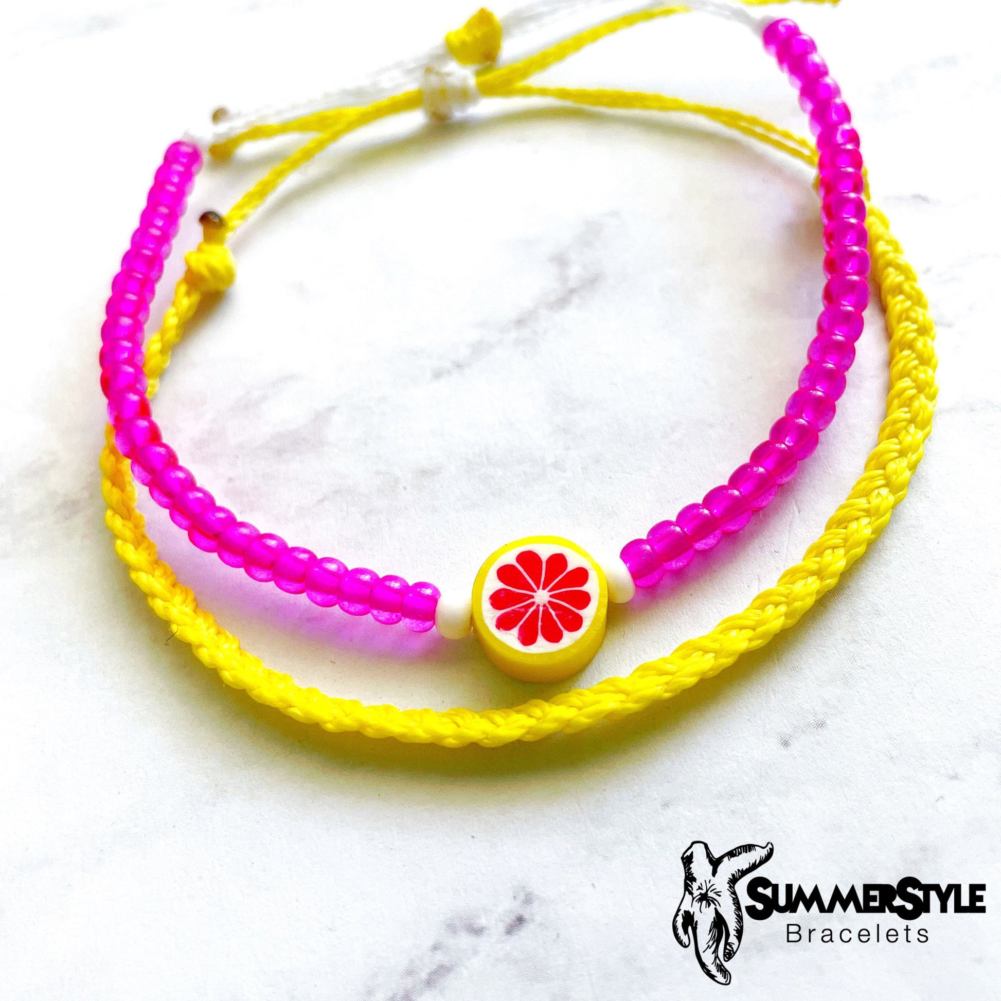 Pink Lemonade Adjustable Waterproof Bracelet Pack, Lemon Bracelet, Lemon Jewelry, Wax Cord Bracelet, SummerStyle Bracelets