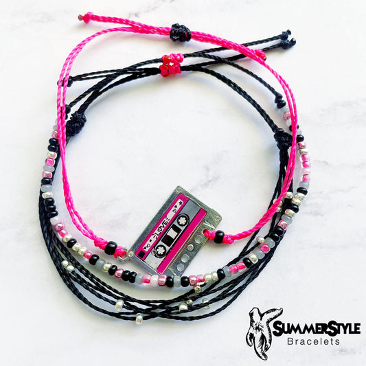 Punk Girl Mixtape Adjustable Waterproof Bracelet Pack, Music Bracelet, Pink & Black Jewelry, Seed Bead Bracelet, SummerStyle Bracelets