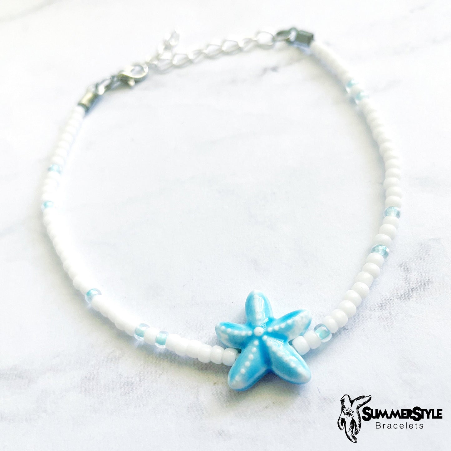 Blue Starfish Skinny Beaded Anklets, Ankle Bracelet, Seed Bead Anklet, SummerStyle Bracelets