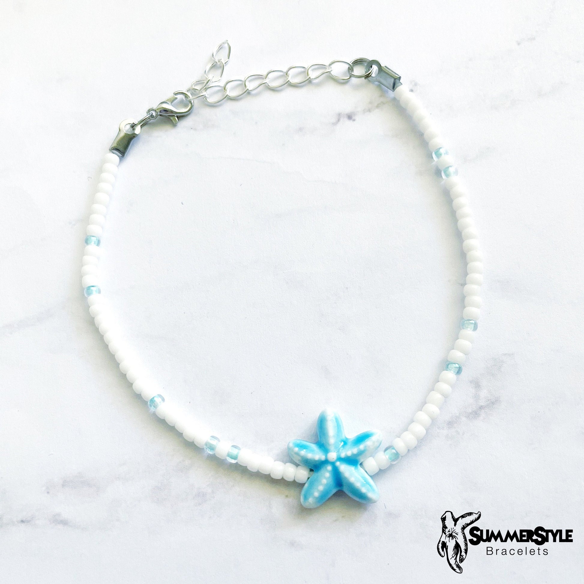 Blue Starfish Skinny Beaded Anklets, Ankle Bracelet, Seed Bead Anklet, SummerStyle Bracelets