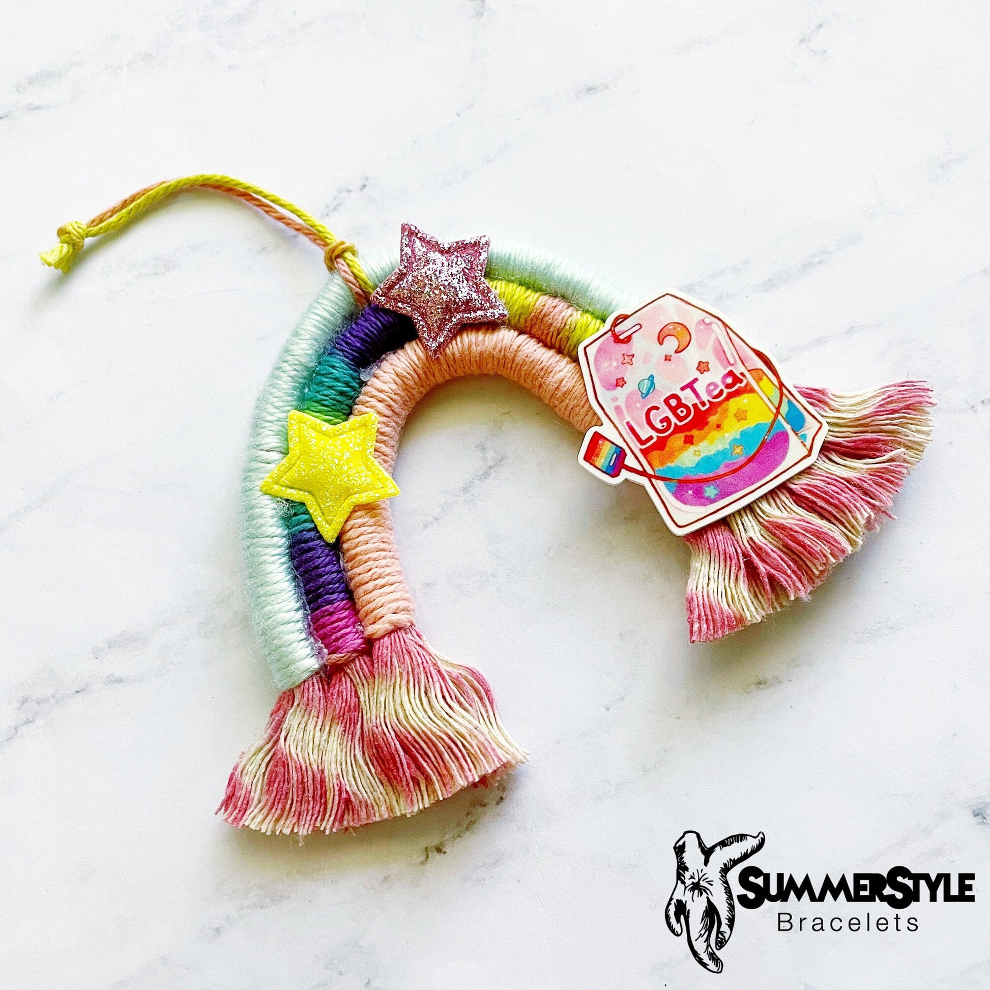 LGBTea Rainbow Macrame Car Charm, Tie Dye Macrame, Boho Accessories, Macrame Rainbow, SummerStyle Bracelets