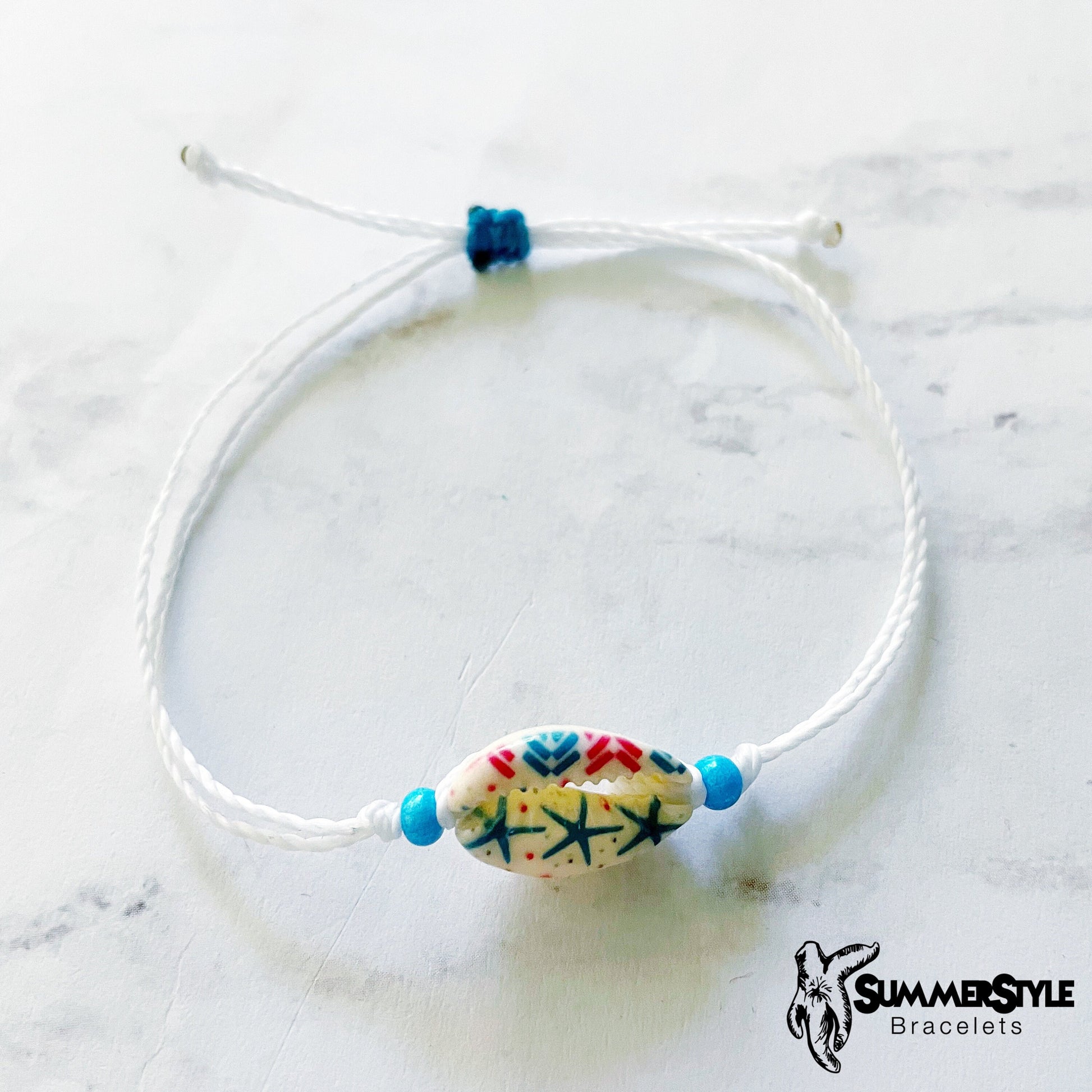 Painted Cowrie Shell Adjustable Waterproof Bracelet, Cowrie Shell Bracelet, Wax Cord Bracelet, Waterproof Cord