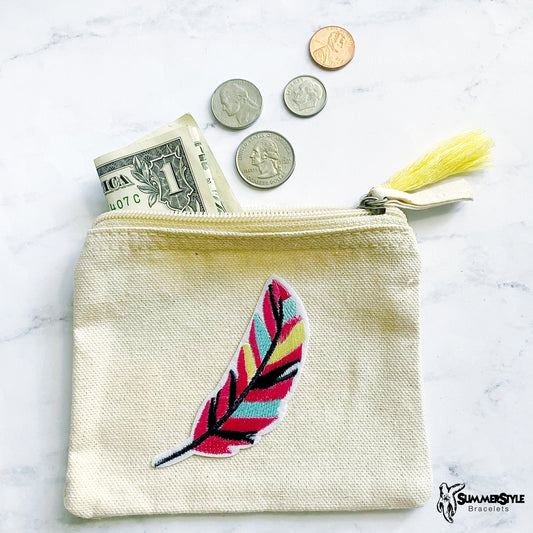 Falling Feather Mini Canvas Zipper Pouch, Coin Purse, Change Purse, Jewelry Storage, Jewelry Pouch, SummerStyle Bracelets