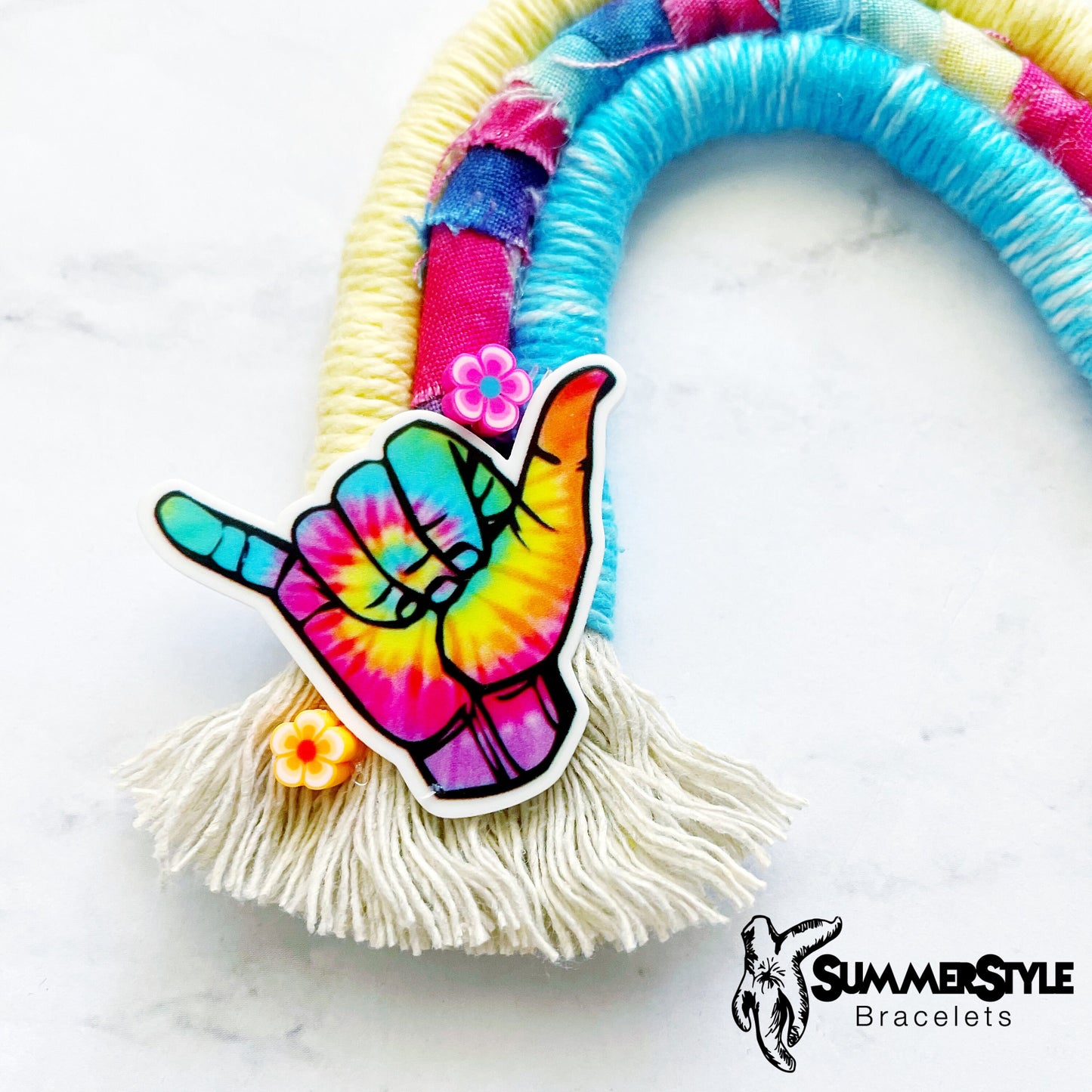 Surf’s Up Tie Dye Shaka Macramé Rainbow Car Charm, Beachy Rainbow, Boho Accessories, Macrame Rainbow, SummerStyle Bracelets