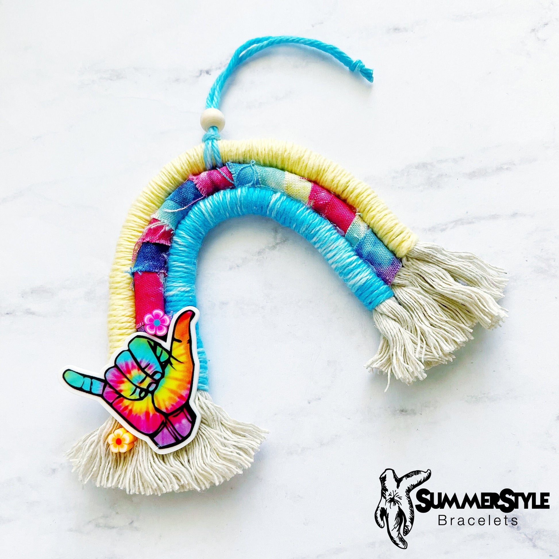 Surf’s Up Tie Dye Shaka Macramé Rainbow Car Charm, Beachy Rainbow, Boho Accessories, Macrame Rainbow, SummerStyle Bracelets