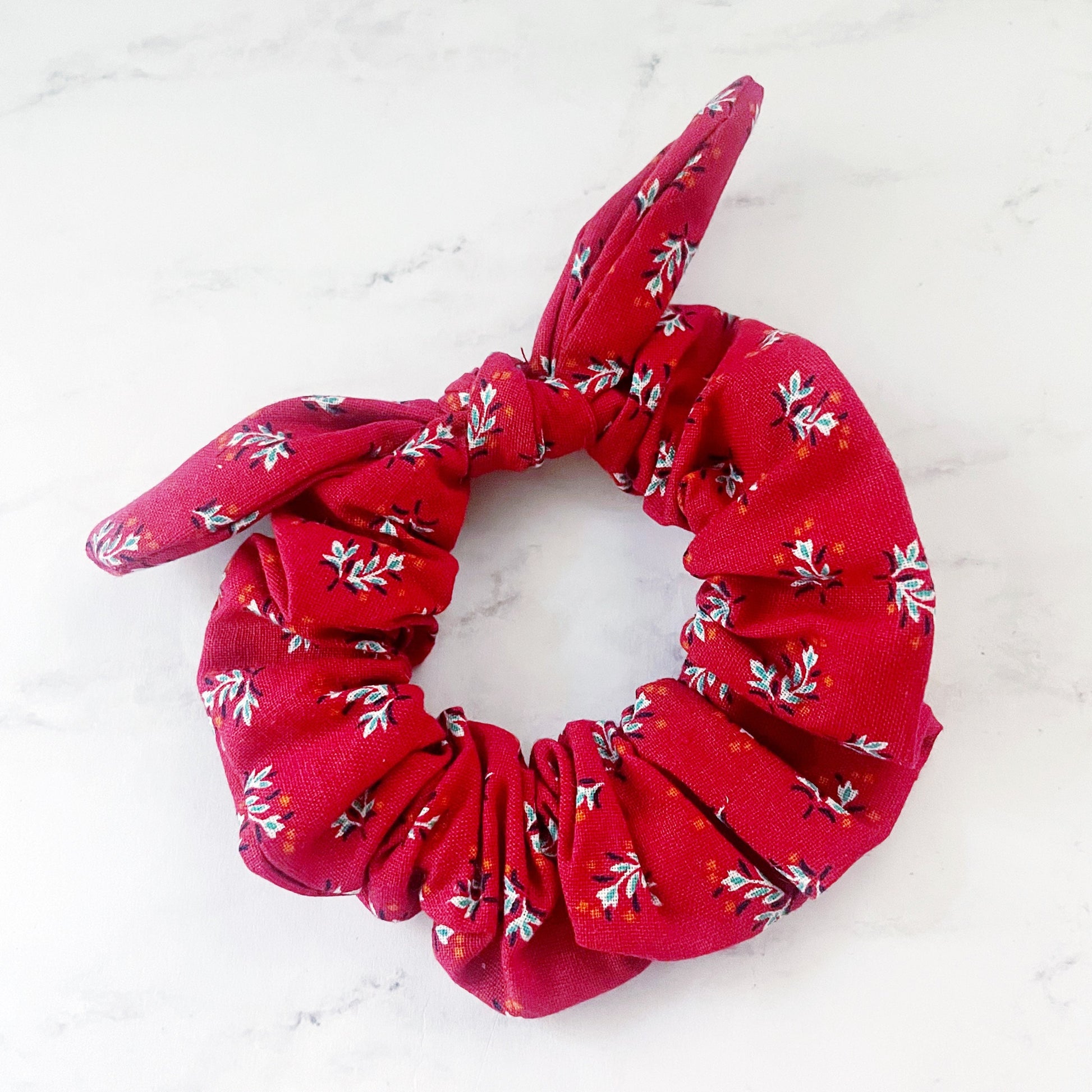 Victory Red Vintage Floral Scrunchie, Scrunched Bow Hair Tie, Hair Bow, Hair Accessories, Floral Gift, SummerStyle Bracelets