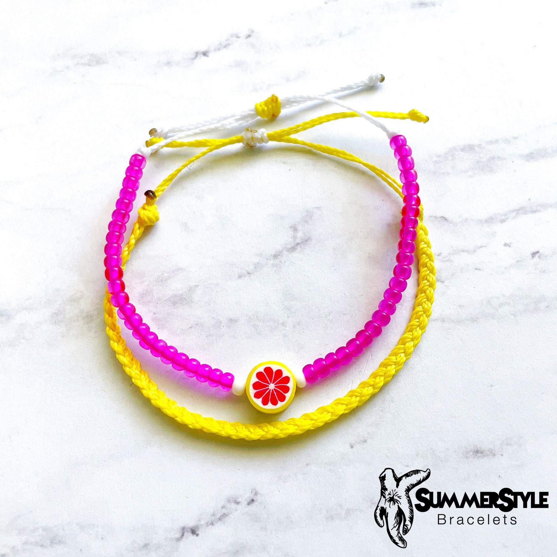 Pink Lemonade Adjustable Waterproof Bracelet Pack, Lemon Bracelet, Lemon Jewelry, Wax Cord Bracelet, SummerStyle Bracelets