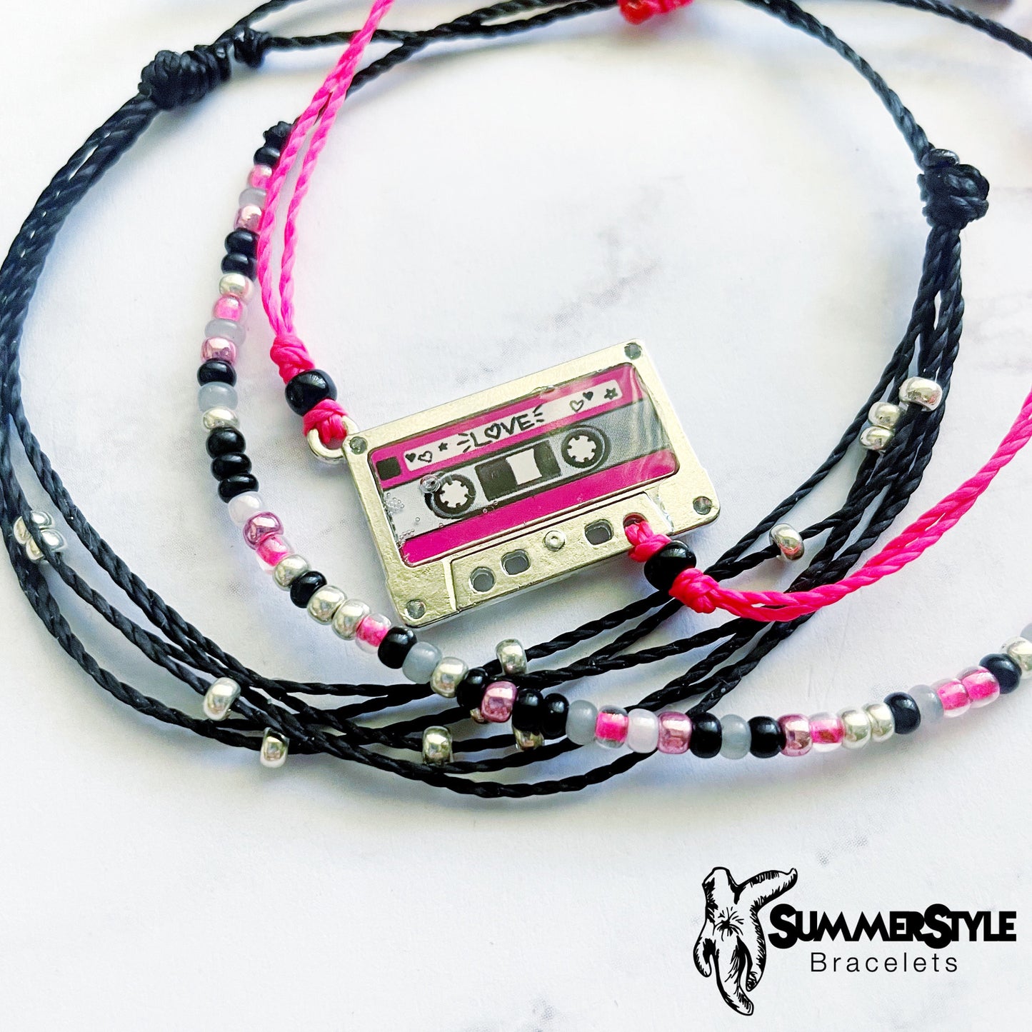 Punk Girl Mixtape Adjustable Waterproof Bracelet Pack, Music Bracelet, Pink & Black Jewelry, Seed Bead Bracelet, SummerStyle Bracelets