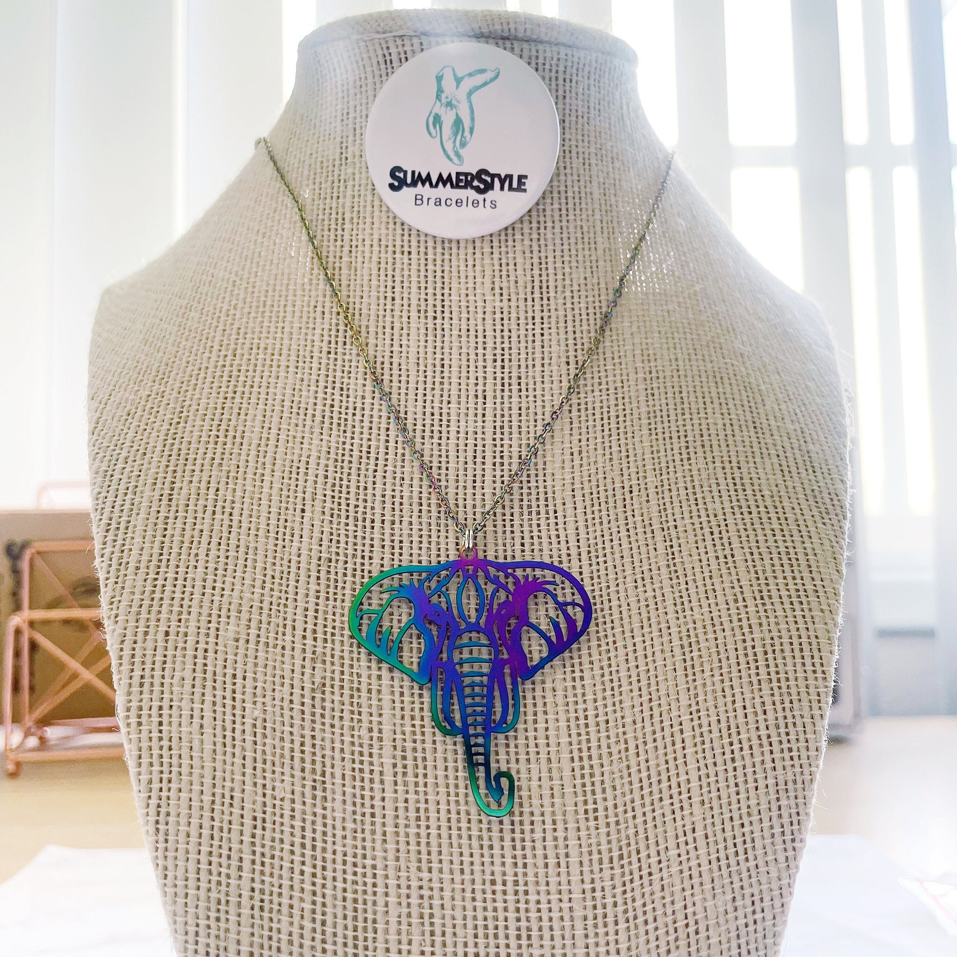 Oil Slick Rainbow Elephant Charm Necklace, Elephant Jewelry, Silver Chain Necklace, SummerStyle Bracelets