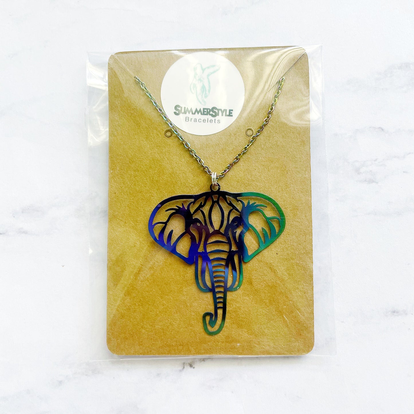 Oil Slick Rainbow Elephant Charm Necklace, Elephant Jewelry, Silver Chain Necklace, SummerStyle Bracelets