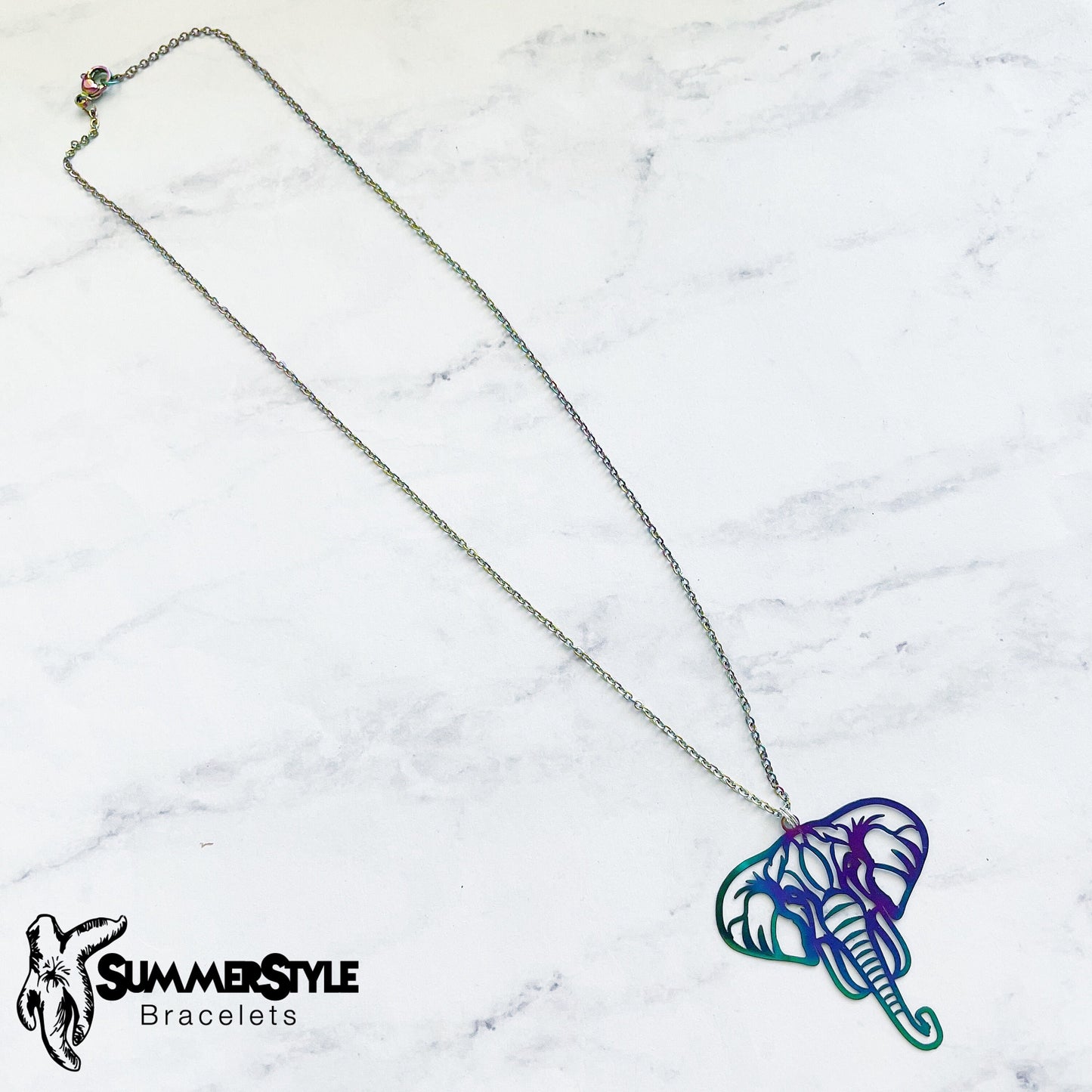 Oil Slick Rainbow Elephant Charm Necklace, Elephant Jewelry, Silver Chain Necklace, SummerStyle Bracelets