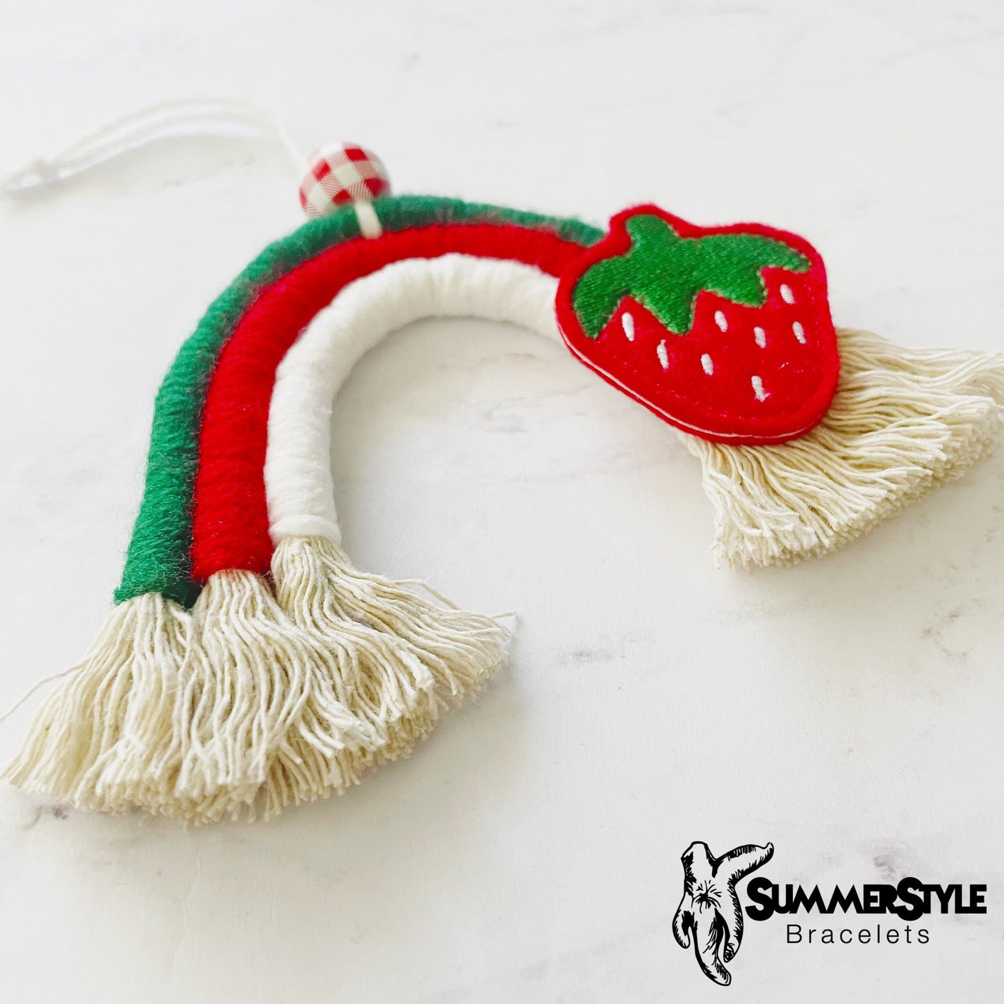 Sweet Strawberry Macrame Rainbow Car Charm, Macrame Wall Hanging, Boho Accessories, Macrame Rainbow, SummerStyle Bracelets