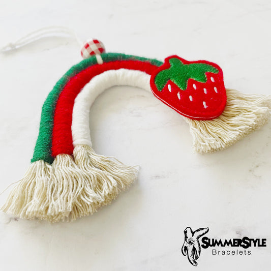 Sweet Strawberry Macrame Rainbow Car Charm, Macrame Wall Hanging, Boho Accessories, Macrame Rainbow, SummerStyle Bracelets