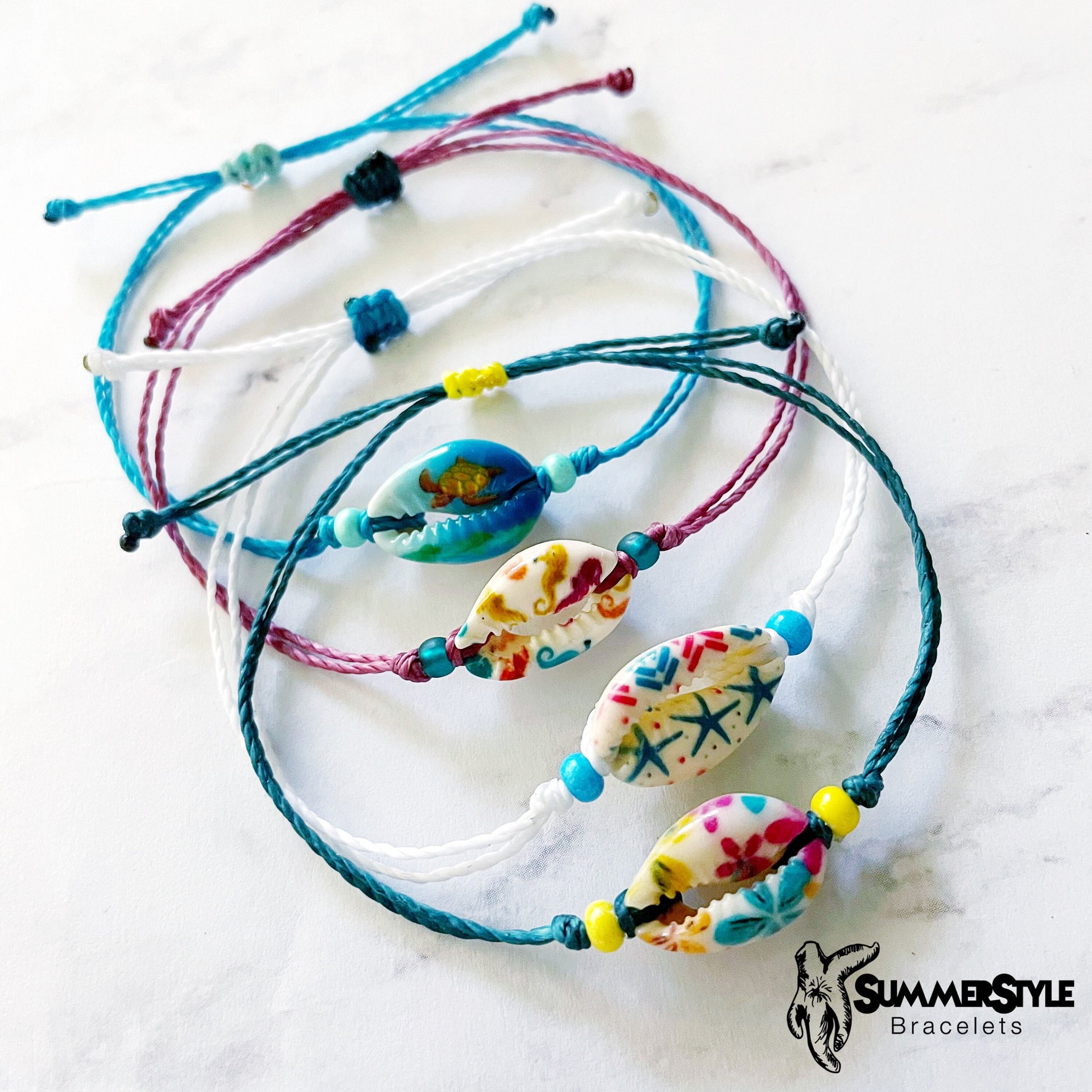 Painted Cowrie Shell Adjustable Waterproof Bracelet, Cowrie Shell Bracelet, Wax Cord Bracelet, Waterproof Cord