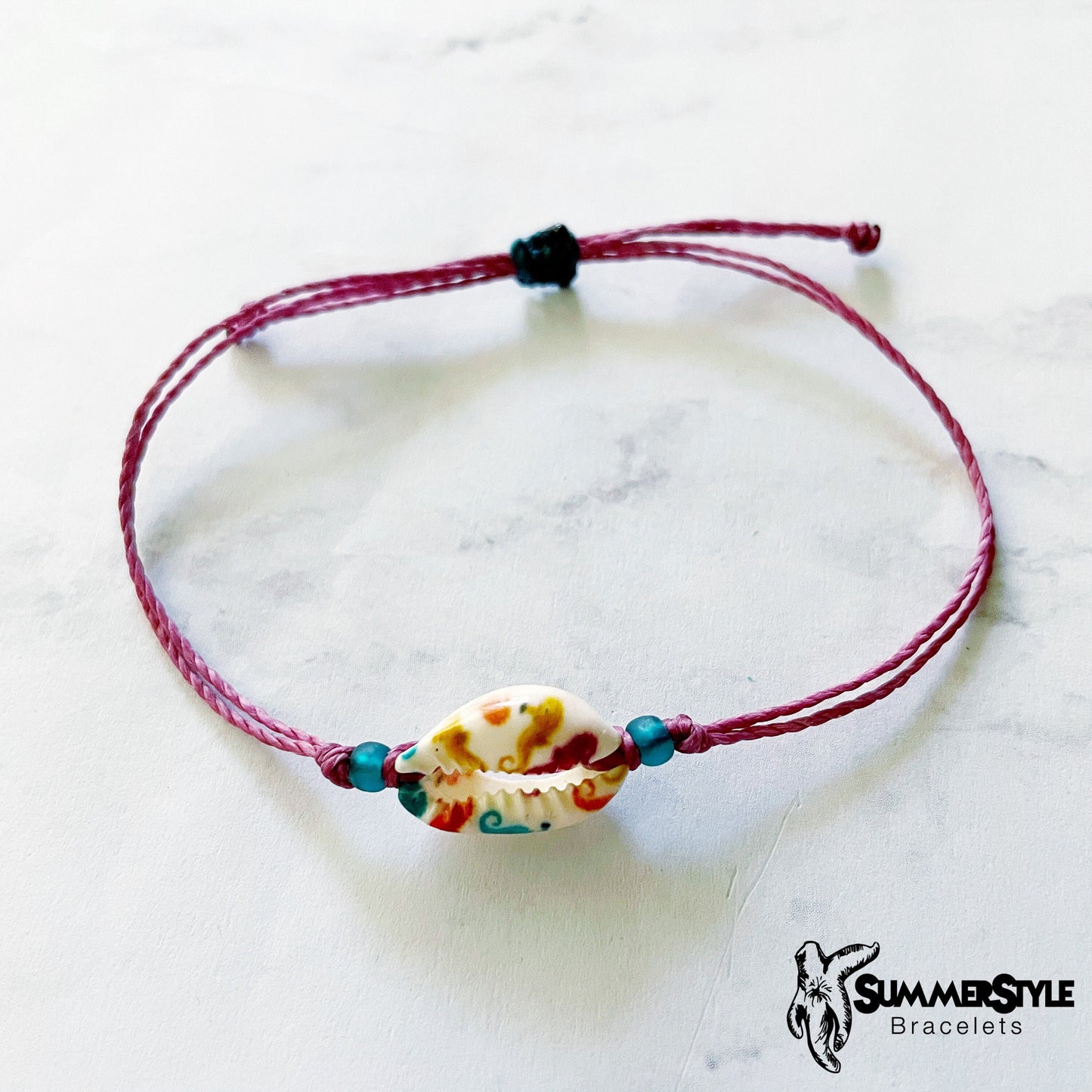 Painted Cowrie Shell Adjustable Waterproof Bracelet, Cowrie Shell Bracelet, Wax Cord Bracelet, Waterproof Cord