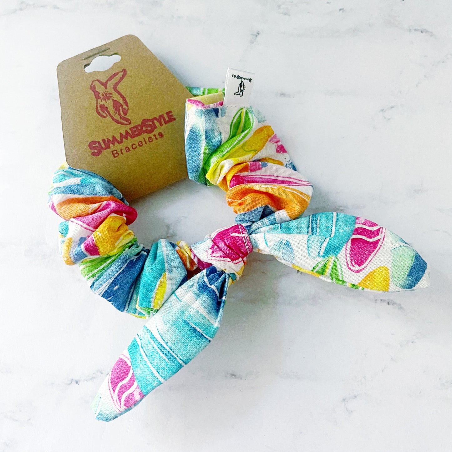 Rainbow Surfboard Scrunchie, Scrunched Bow Hair Tie, Hair Bow, Surfer Gift, Hair Accessories, SummerStyle Bracelets