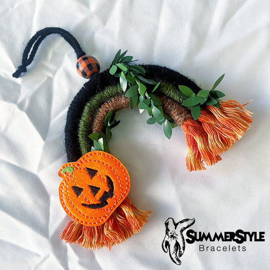 Pumpkin Patch Rainbow Macrame Car Charm, Halloween Macrame, Spooky Decor, Macrame Rainbow, SummerStyle Bracelets