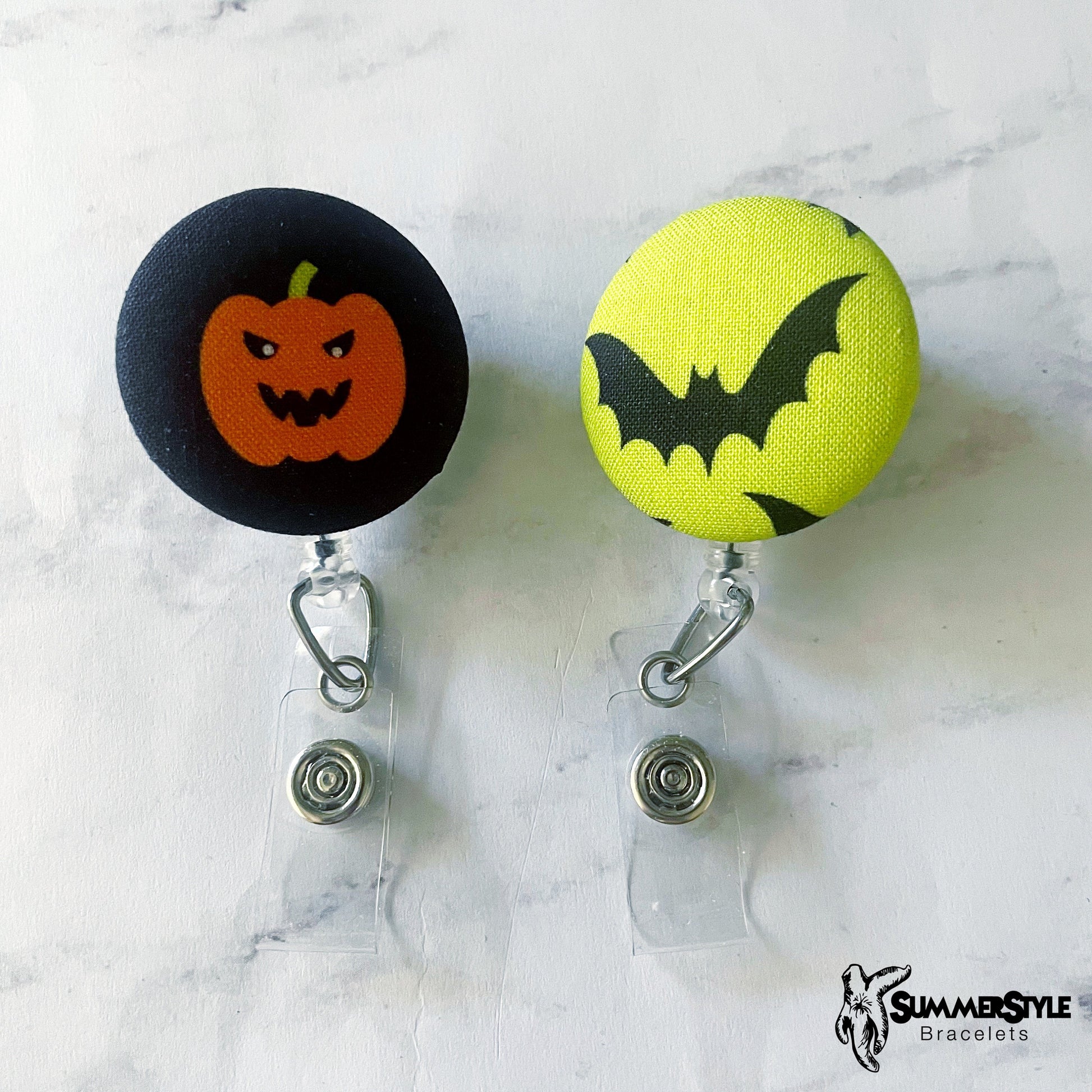 Jack O Lantern & Bat Fabric Button Badge Reel, Retractable Badge Reel, ID Holder, Credential Clip, SummerStyle Bracelets