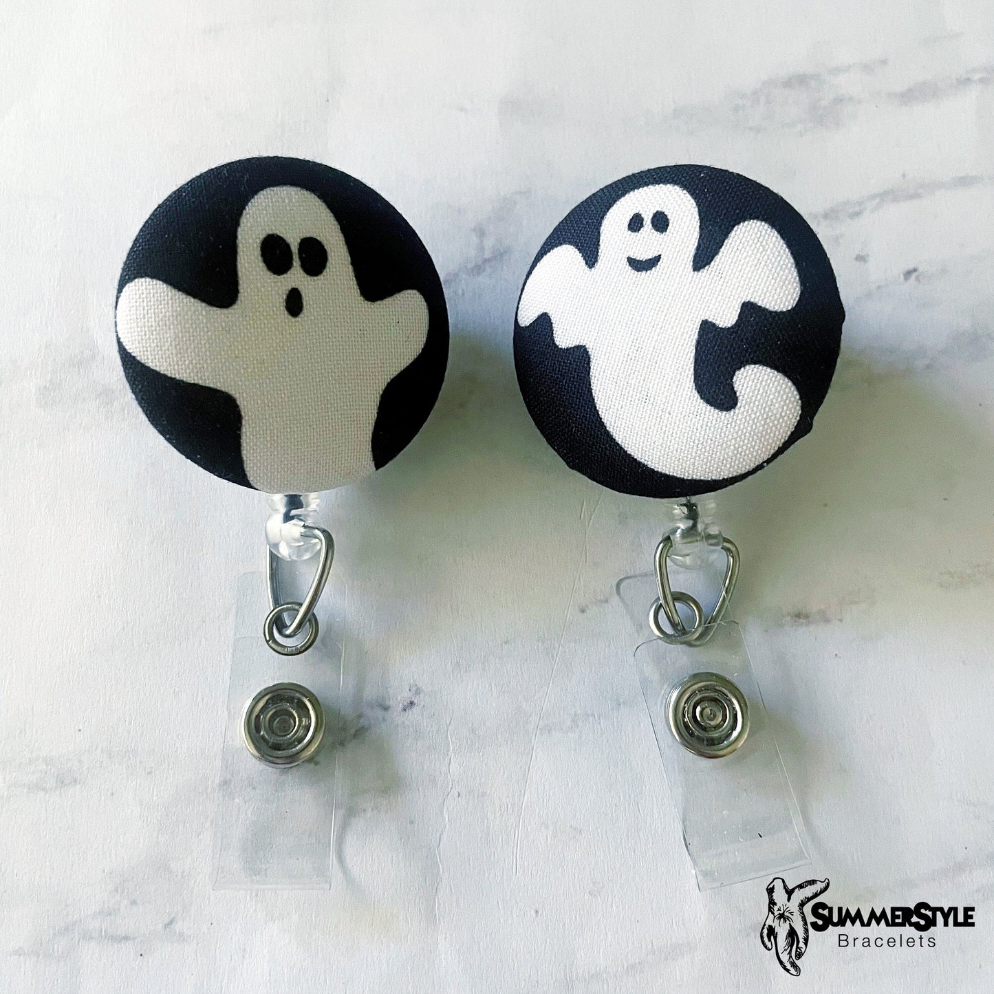 Ghoulish Ghost Fabric Button Badge Reel, Retractable Badge Reel, ID Holder, Credential Clip, SummerStyle Bracelets