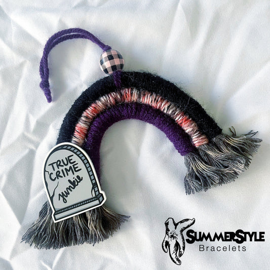 True Crime Junkie Rainbow Macrame Car Charm, Halloween Macrame, Boho Accessories, Macrame Rainbow, SummerStyle Bracelets