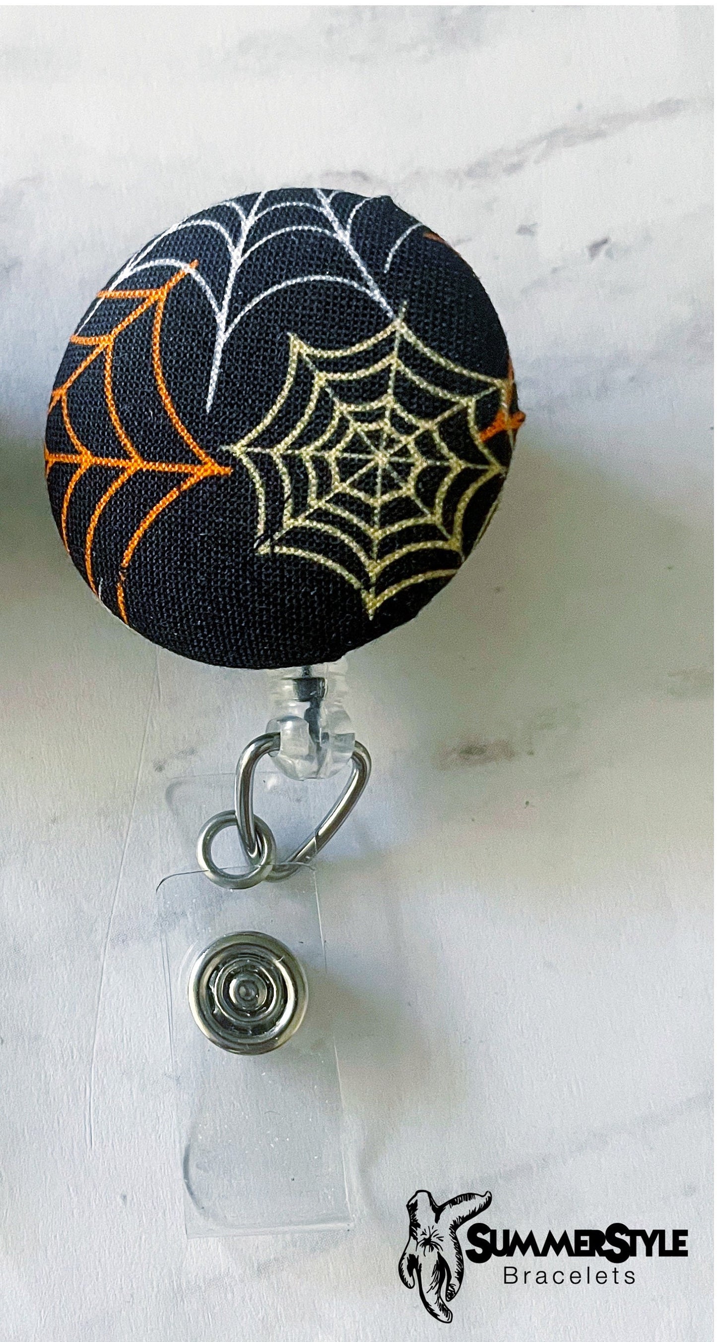 Spooky Spiderweb Fabric Button Badge Reel, Retractable Badge Reel, ID Holder, Credential Clip, SummerStyle Bracelets